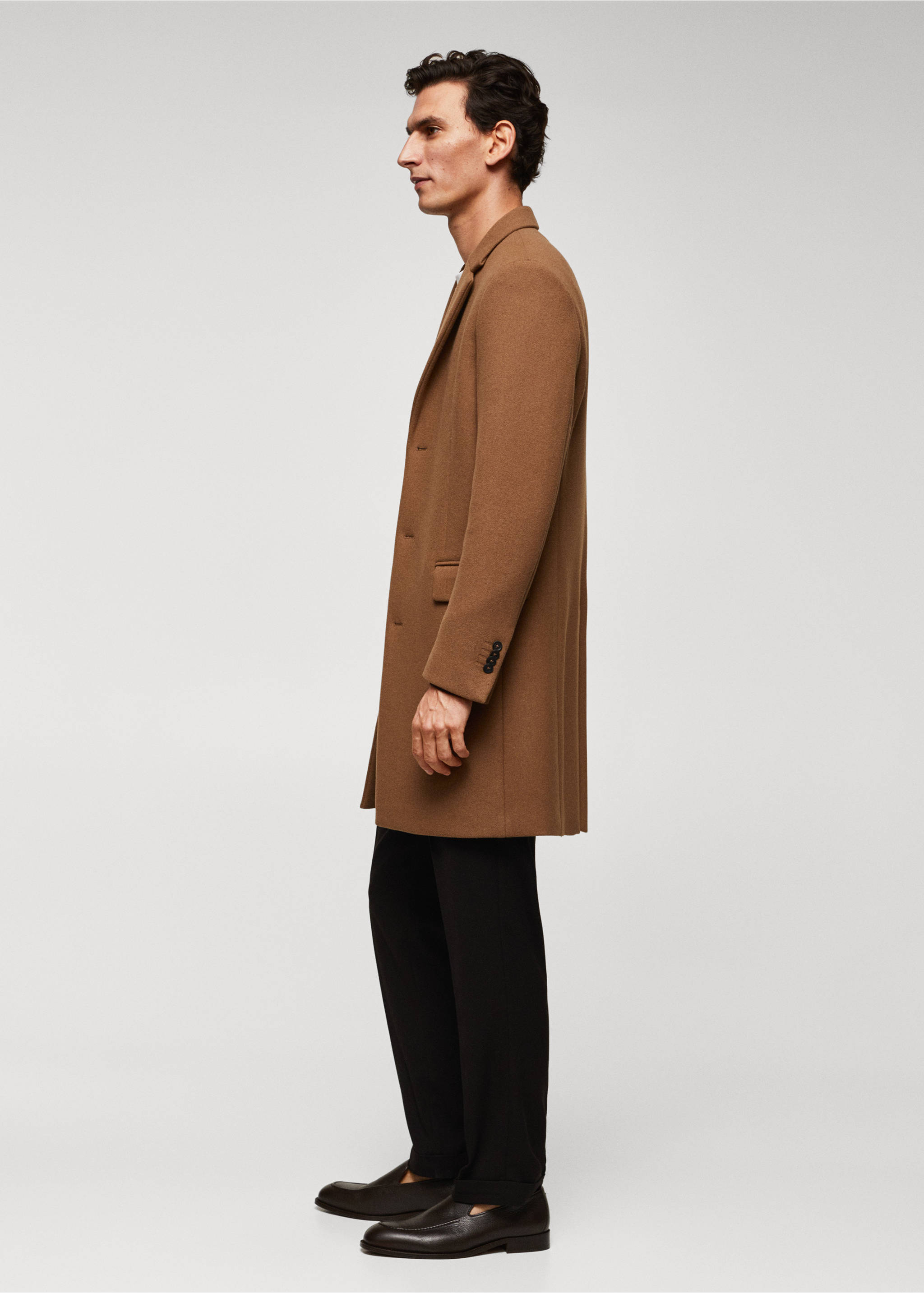 Long recycled wool coat - Details of the article 2, Medium Brown. Ref: 57025948-00.