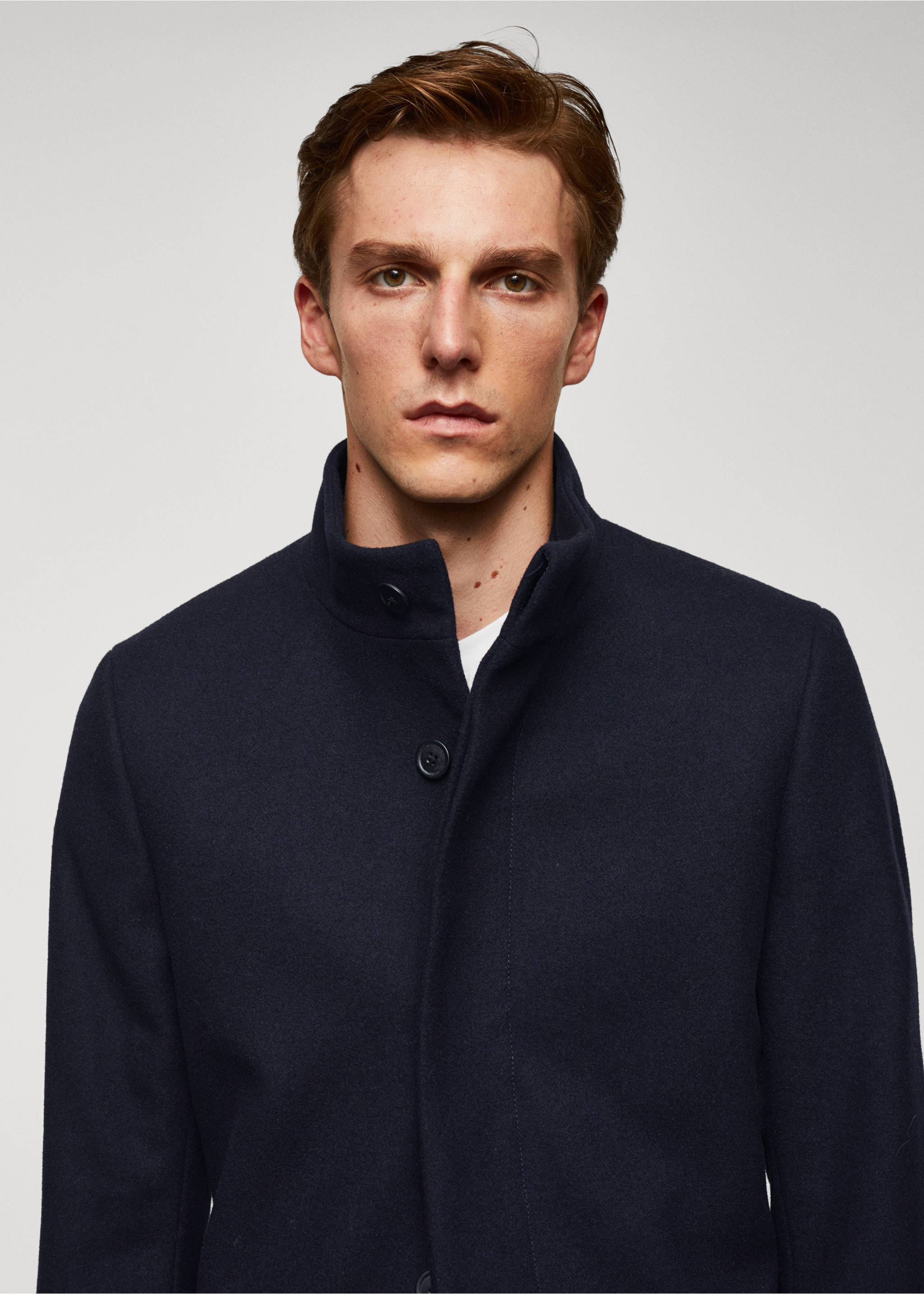Manteau en laine à col cheminée - Détail de l'article 1, Bleu marine foncé. Ref: 57025950-00.