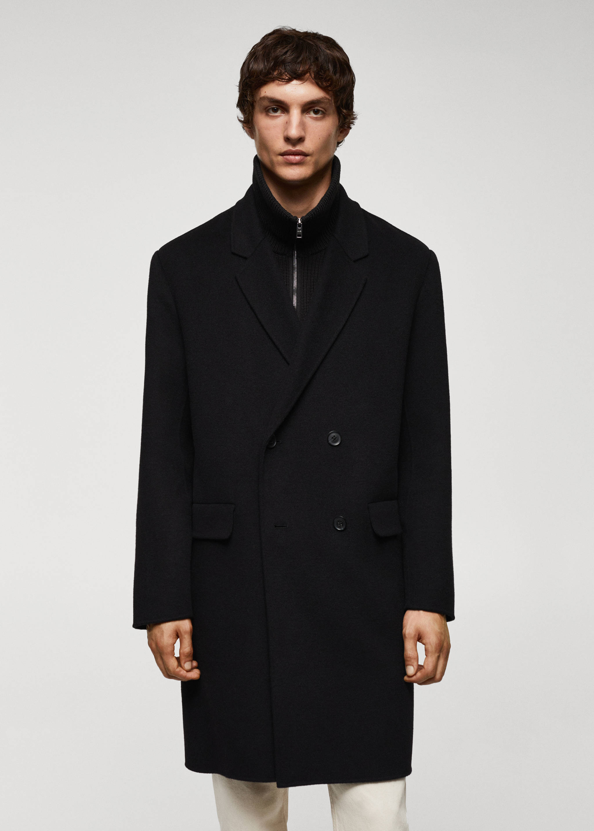 معطف مزدوج الصدر مصنوع يدويًا من الصوف المُعاد تدويره - رؤية وسط