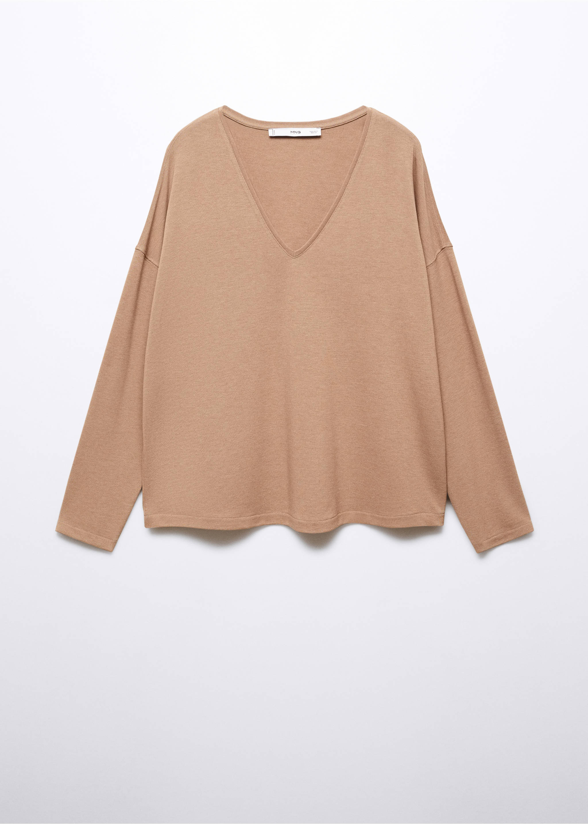 Long-sleeved V-neck T-shirt - Изделие без модели, Коричневый средний. Ref: 57025956-00.