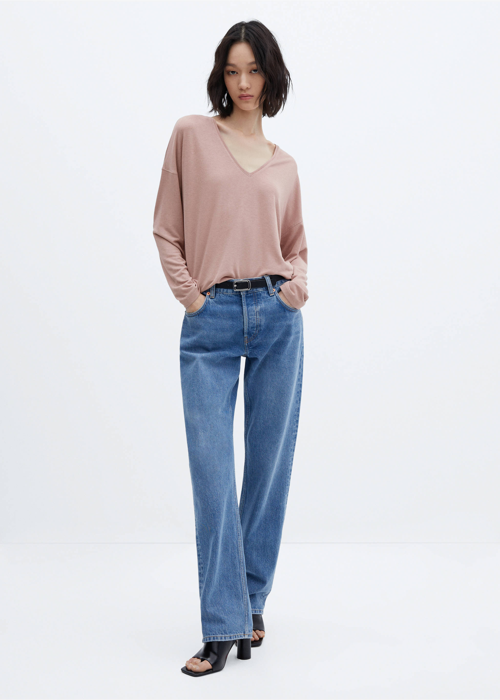 Long-sleeved V-neck T-shirt - Общий план, Розовый. Ref: 57025956-00.