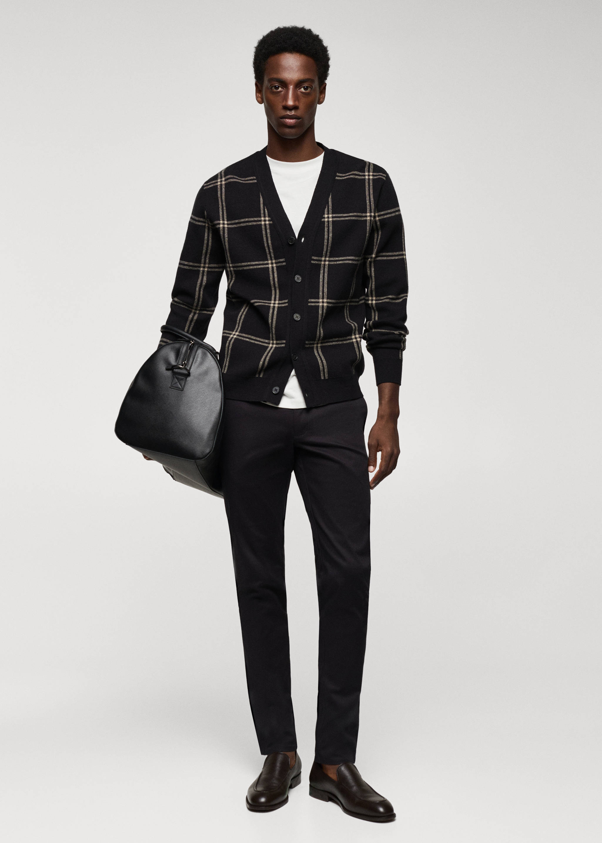 细线针织窗格纹开襟毛衣 - null