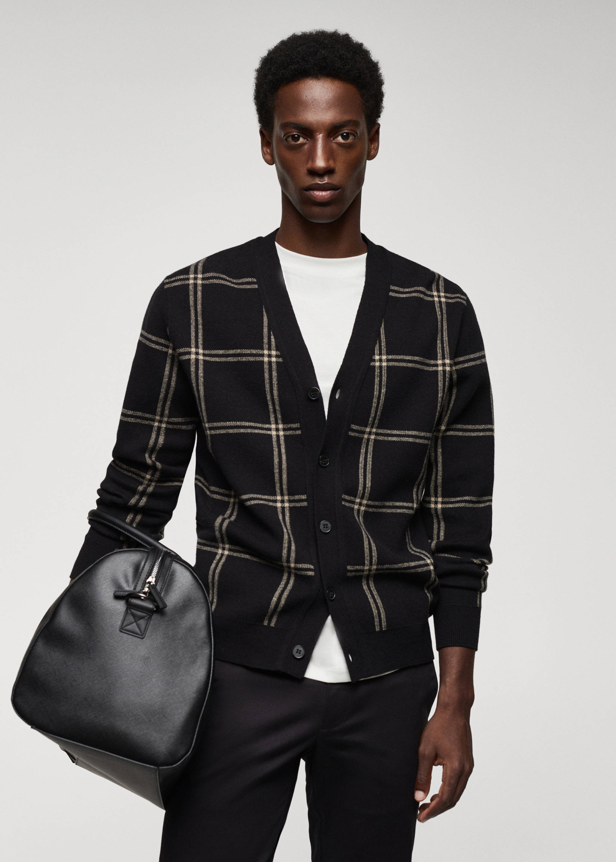 细线针织窗格纹开襟毛衣 - null