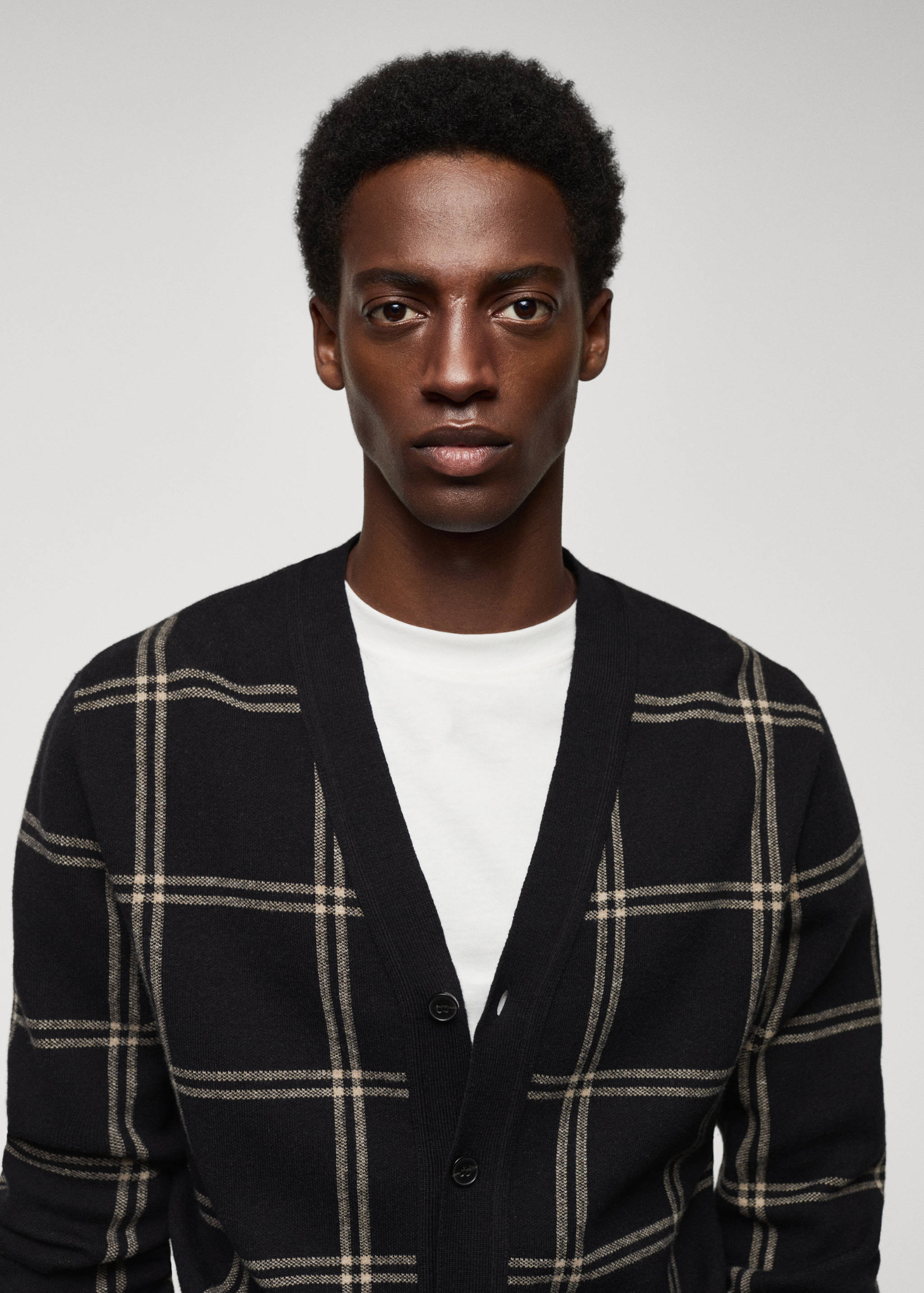 细线针织窗格纹开襟毛衣 - null