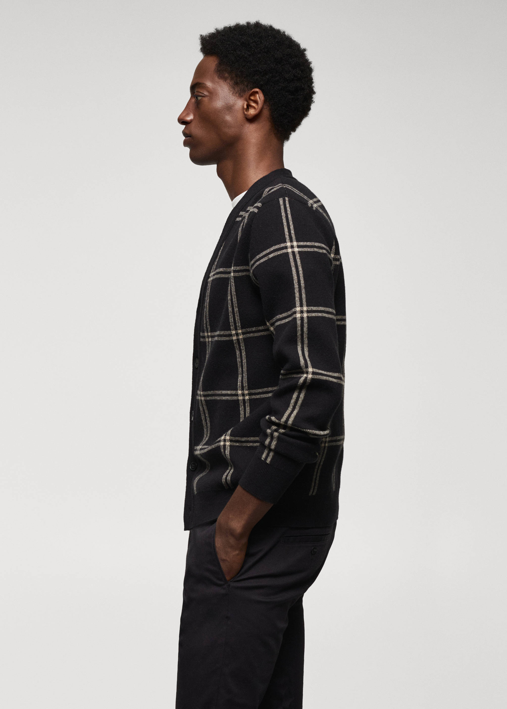 细线针织窗格纹开襟毛衣 - null