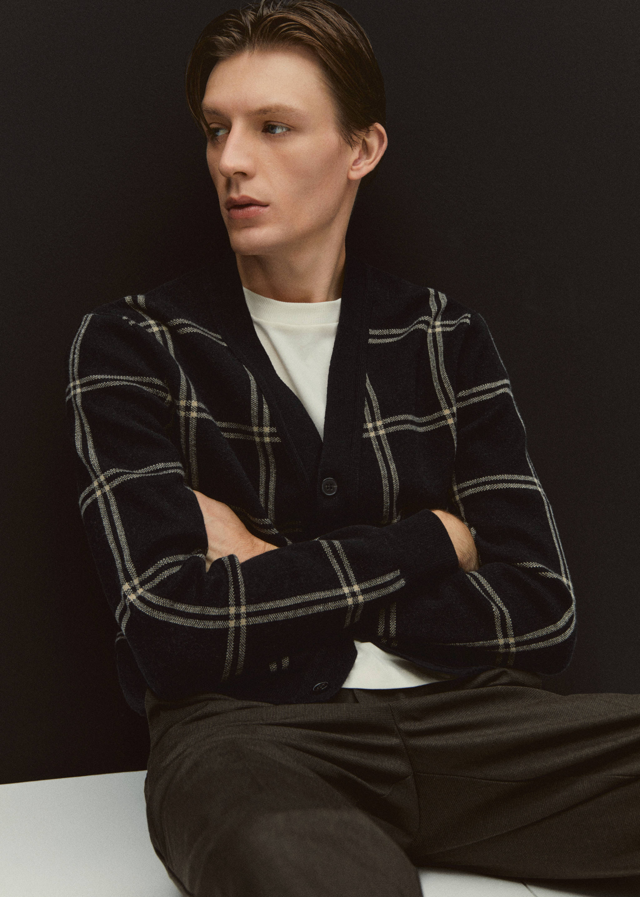 细线针织窗格纹开襟毛衣 - null