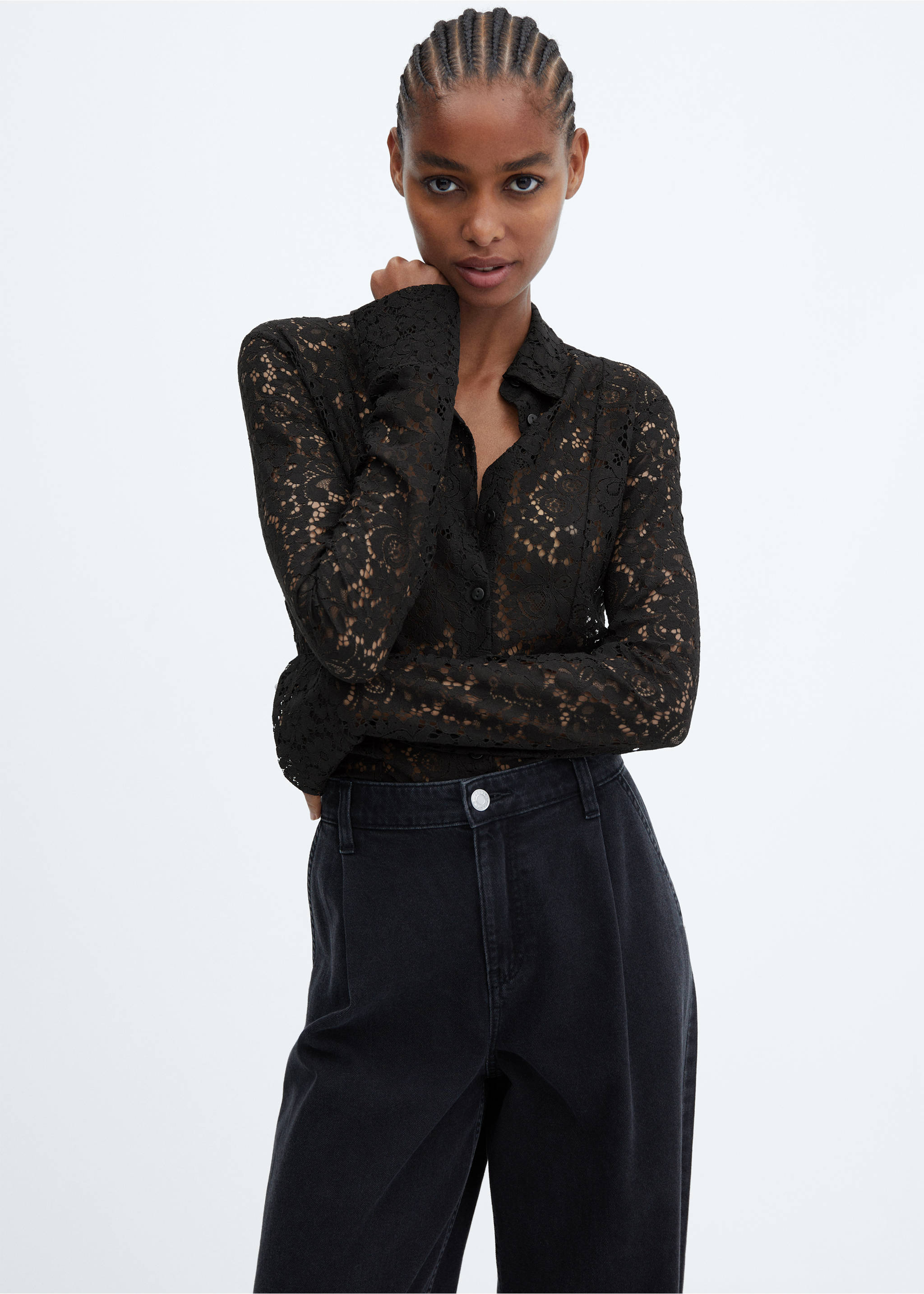 Camisa encaje botones - Plano medio, Negro. Ref: 57025979-00.
