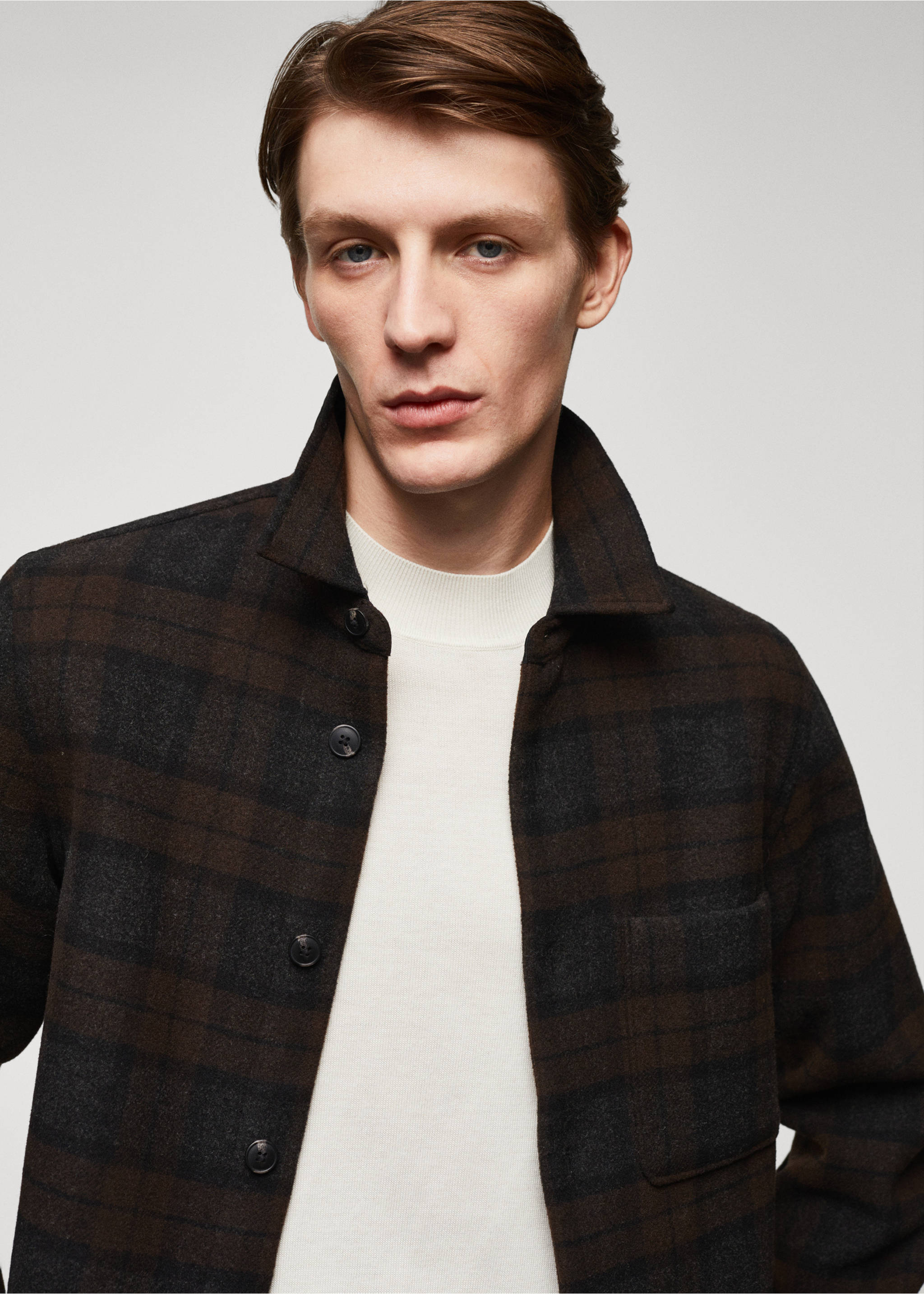 Check wool overshirt - Details of the article 1, Brown. Ref: 57027712-00.
