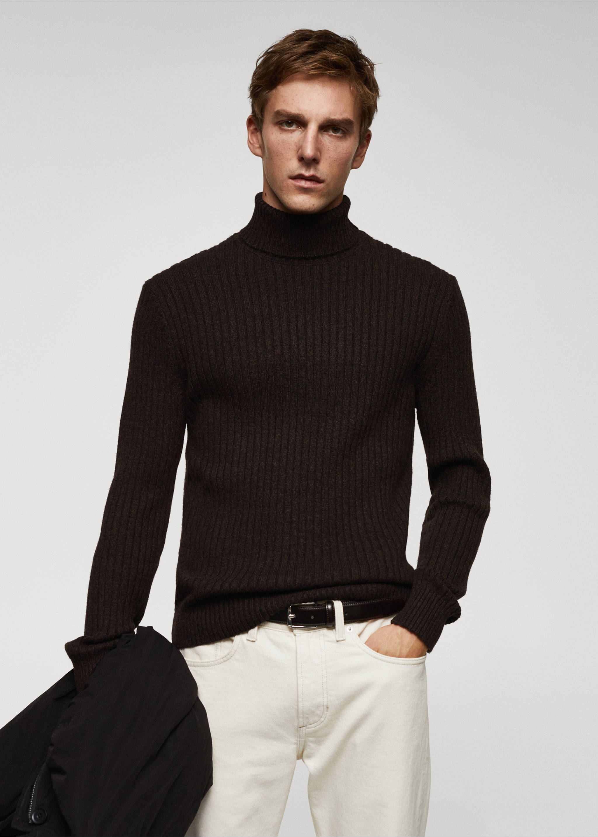 Wool sweater with ribbed turtleneck - Medium plane, Brown. Ref: 57027752-00.