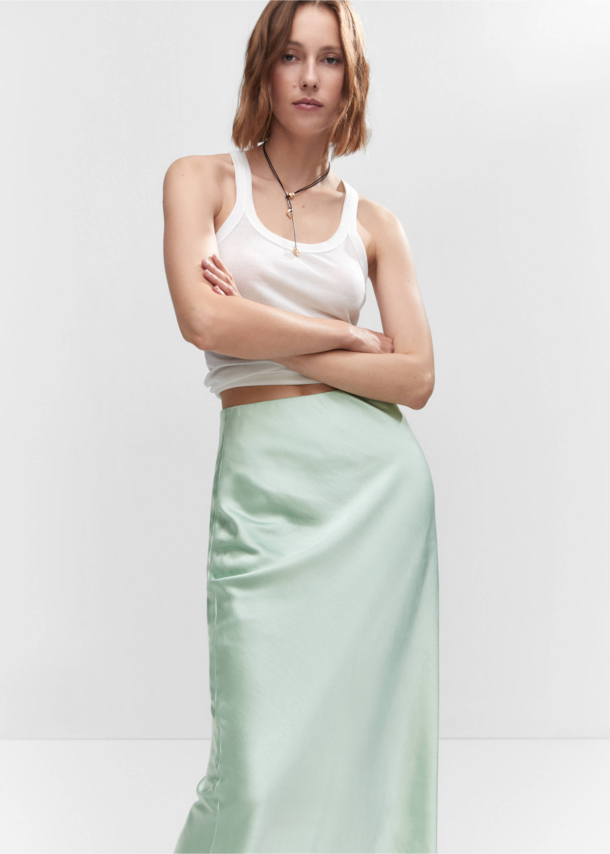 Midi satin skirt - Details of the article 1, Aqua Green. Ref: 57030409-00.