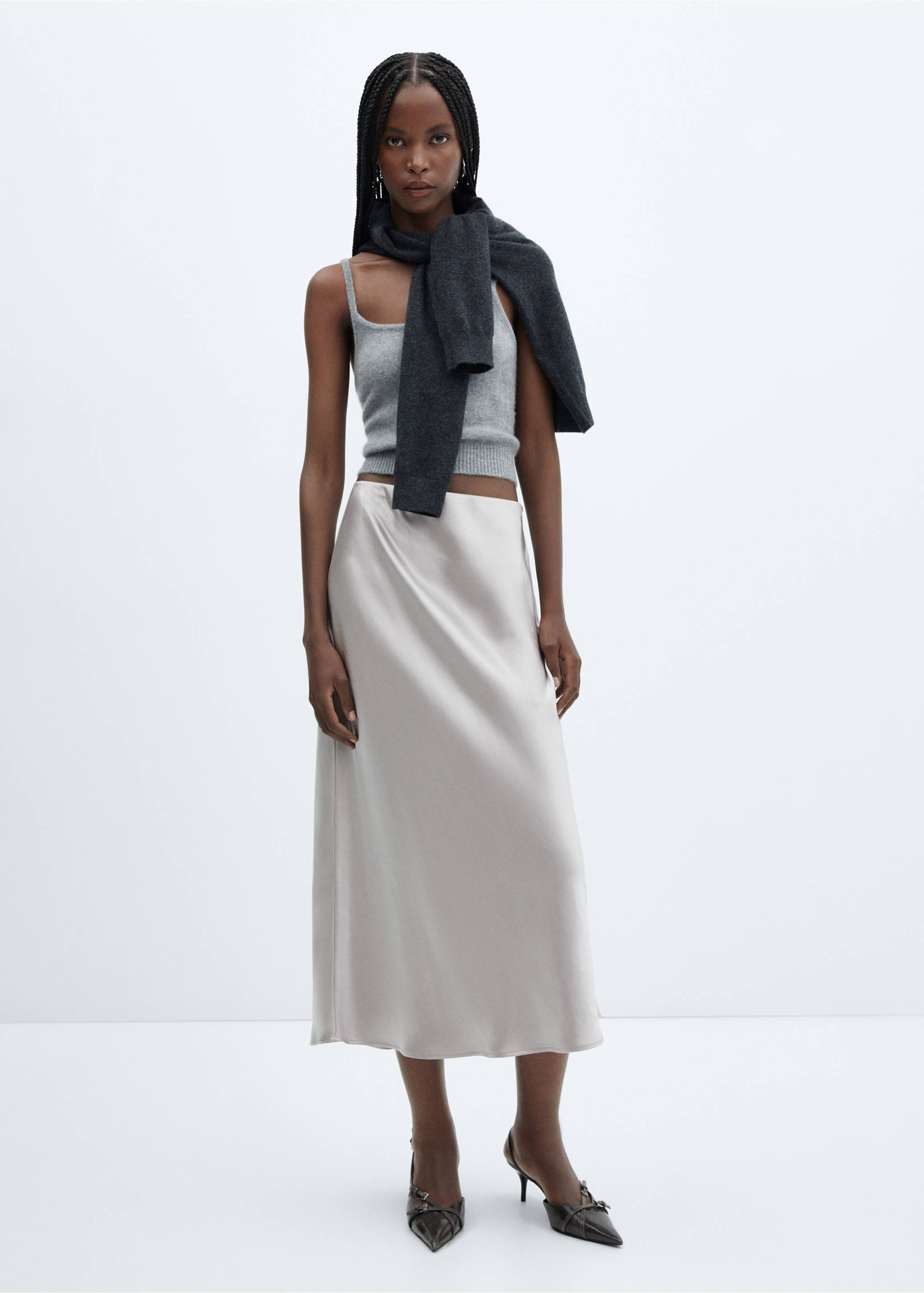 Midi satin skirt - General plane, Grey. Ref: 57030409-00.