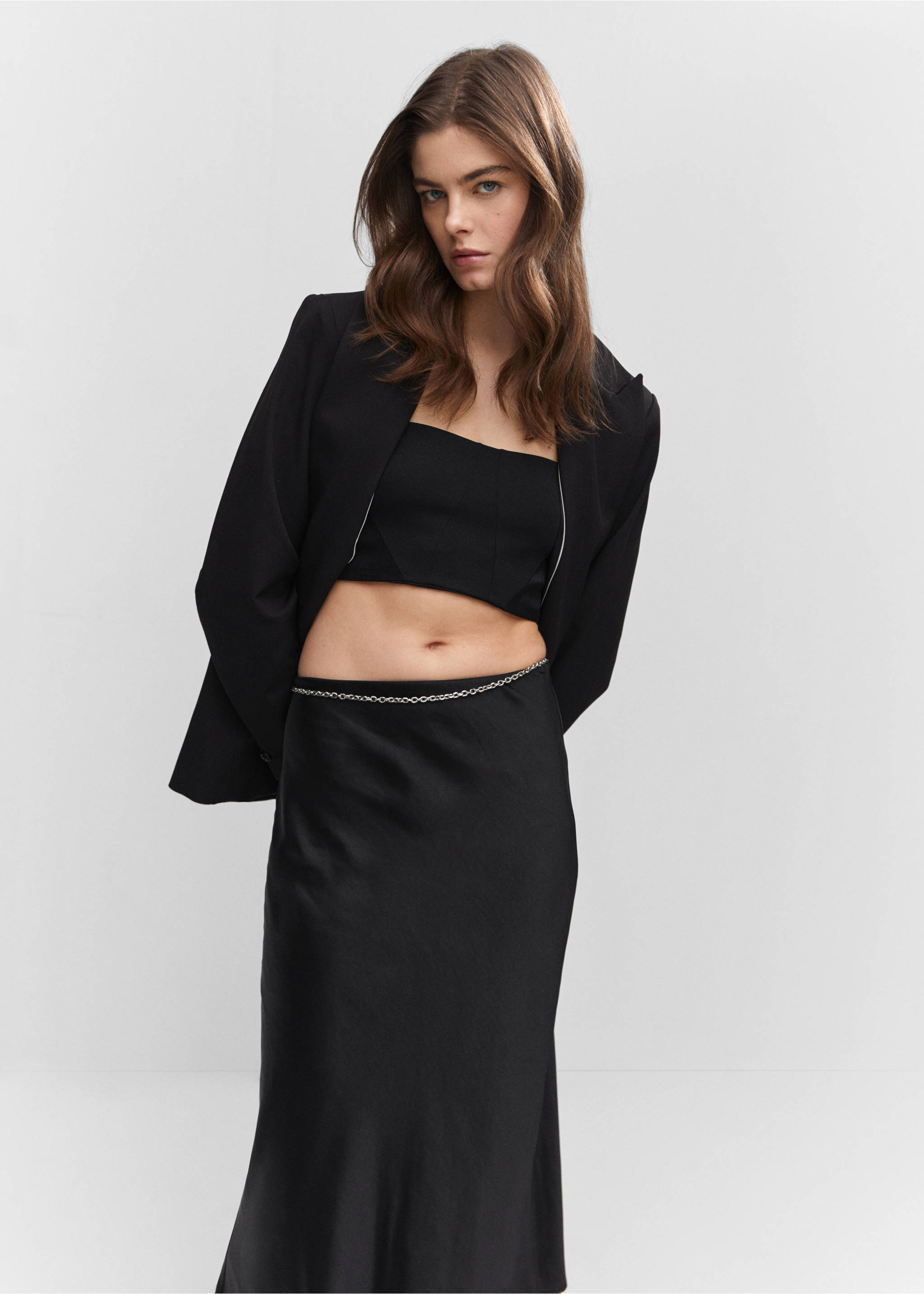 Midi satin skirt - Details of the article 1, Black. Ref: 57030409-00.
