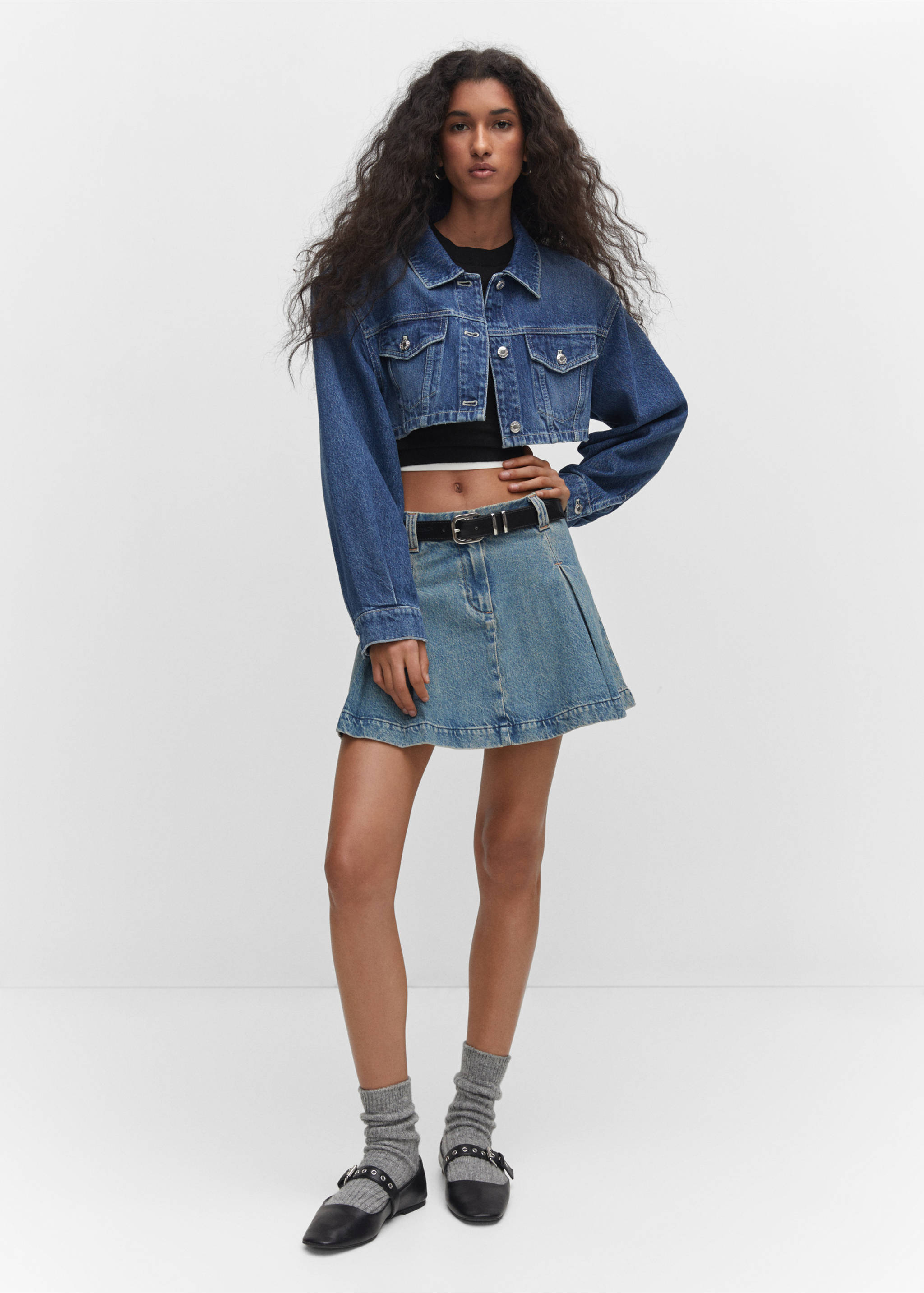 Pleated denim mini-skirt - General plane, Medium Vintage Blue. Ref: 57033804-00.