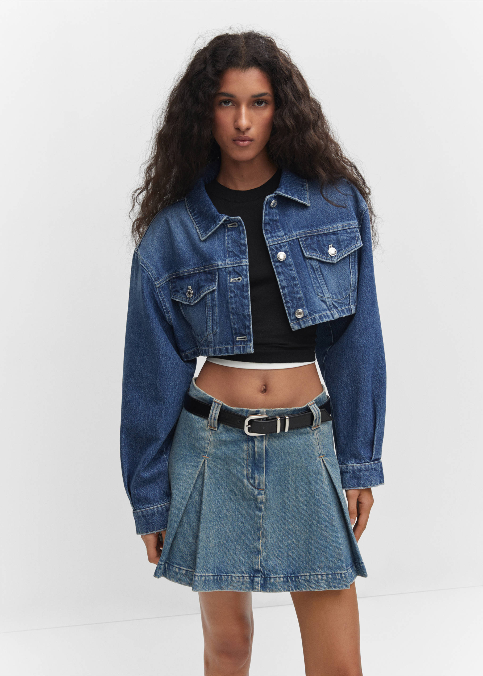 Pleated denim mini-skirt - Medium plane, Medium Vintage Blue. Ref: 57033804-00.