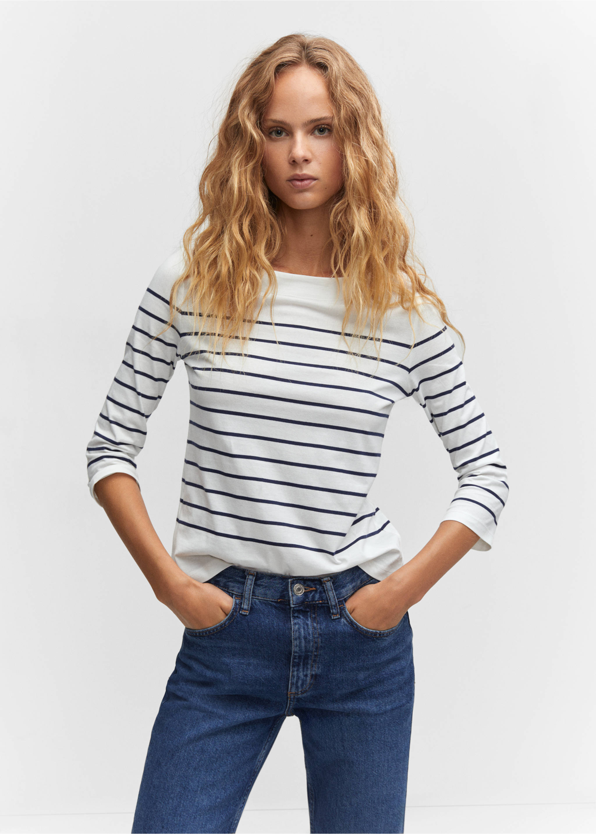 Striped boat-neck t-shirt - Medium plane, Navy. Ref: 57034402-00.