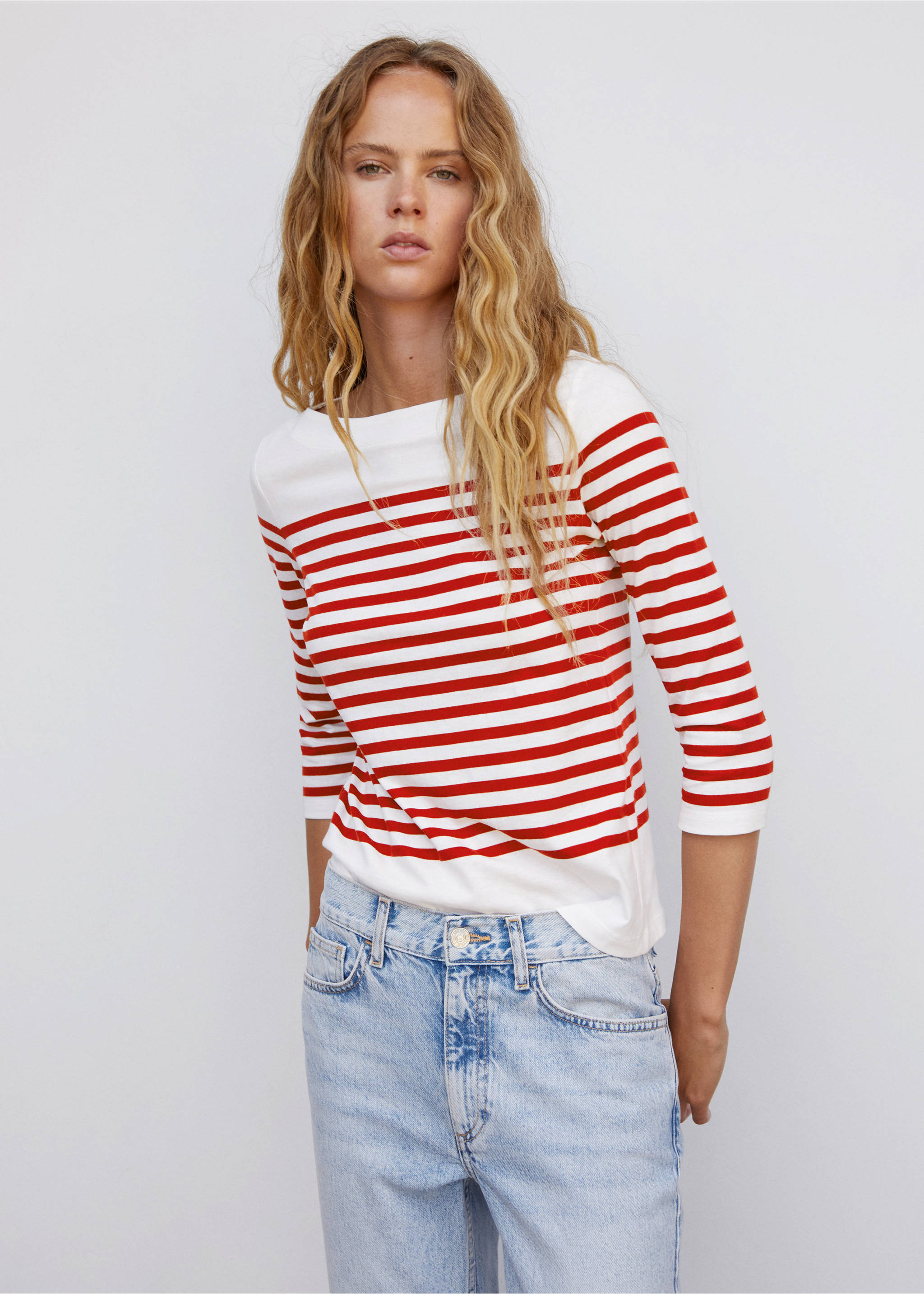 Striped boat-neck t-shirt - Medium plane, Red. Ref: 57034402-00.