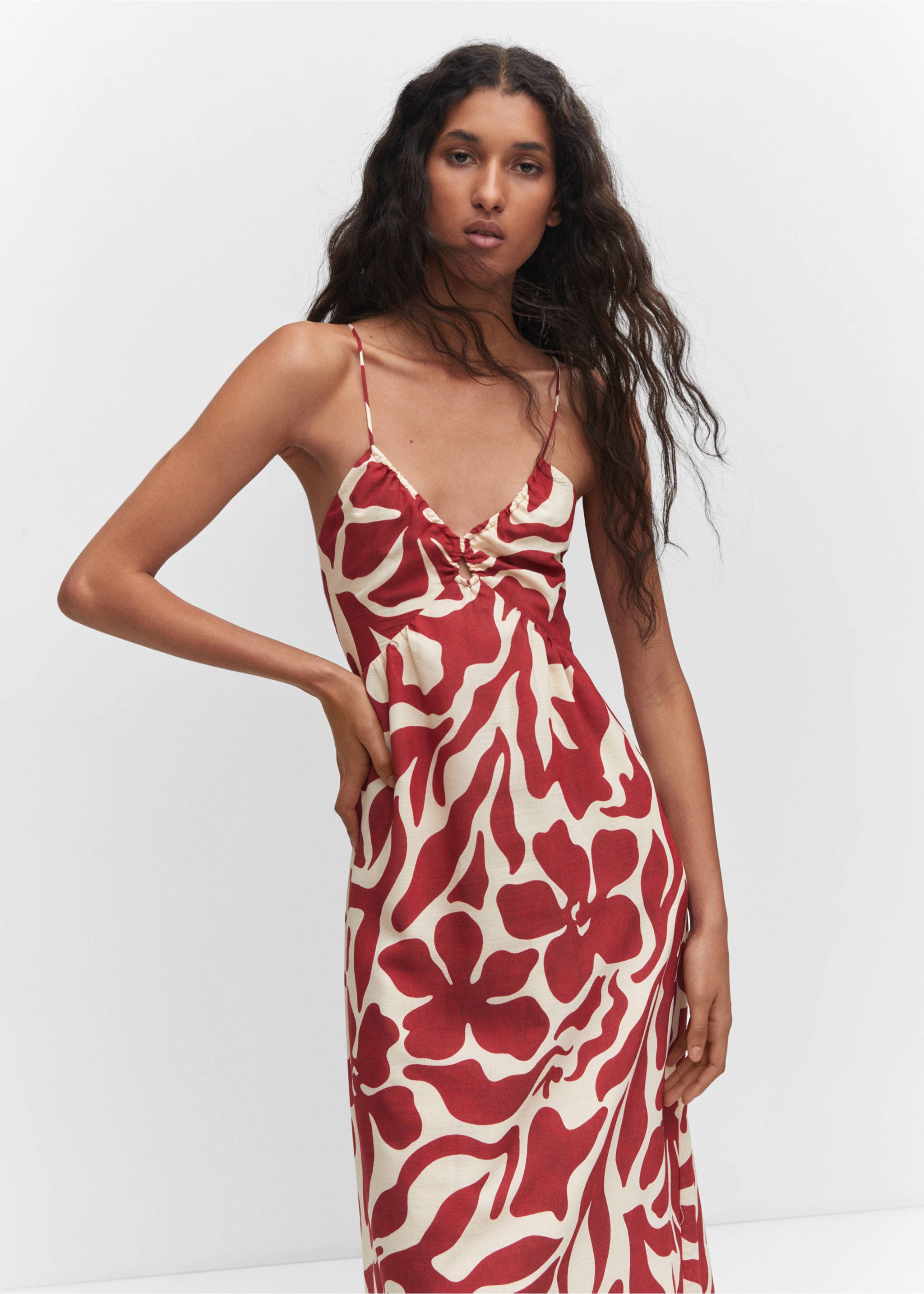 Crossed-back printed dress - Medium plane, Maroon. Ref: 57035789-00.