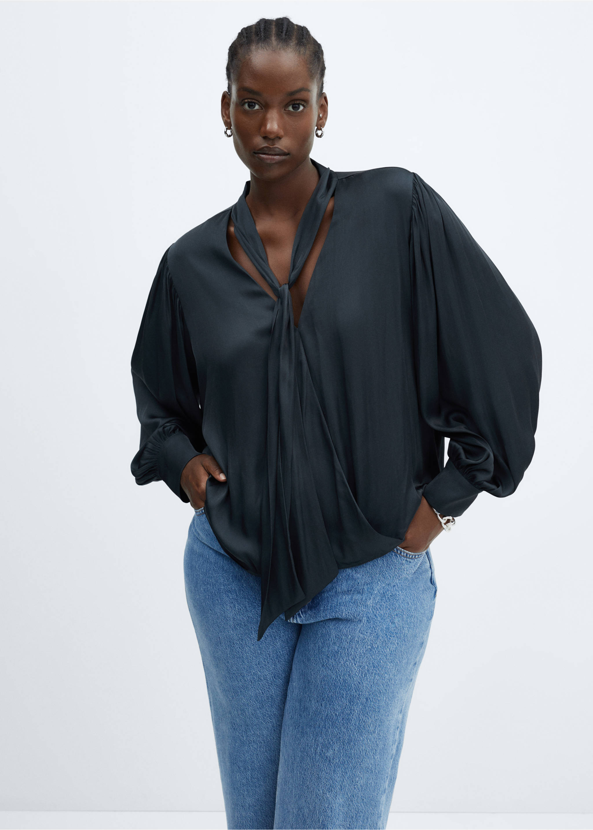 Bow satin blouse - Details of the article 5, Charcoal. Ref: 57035791-00.