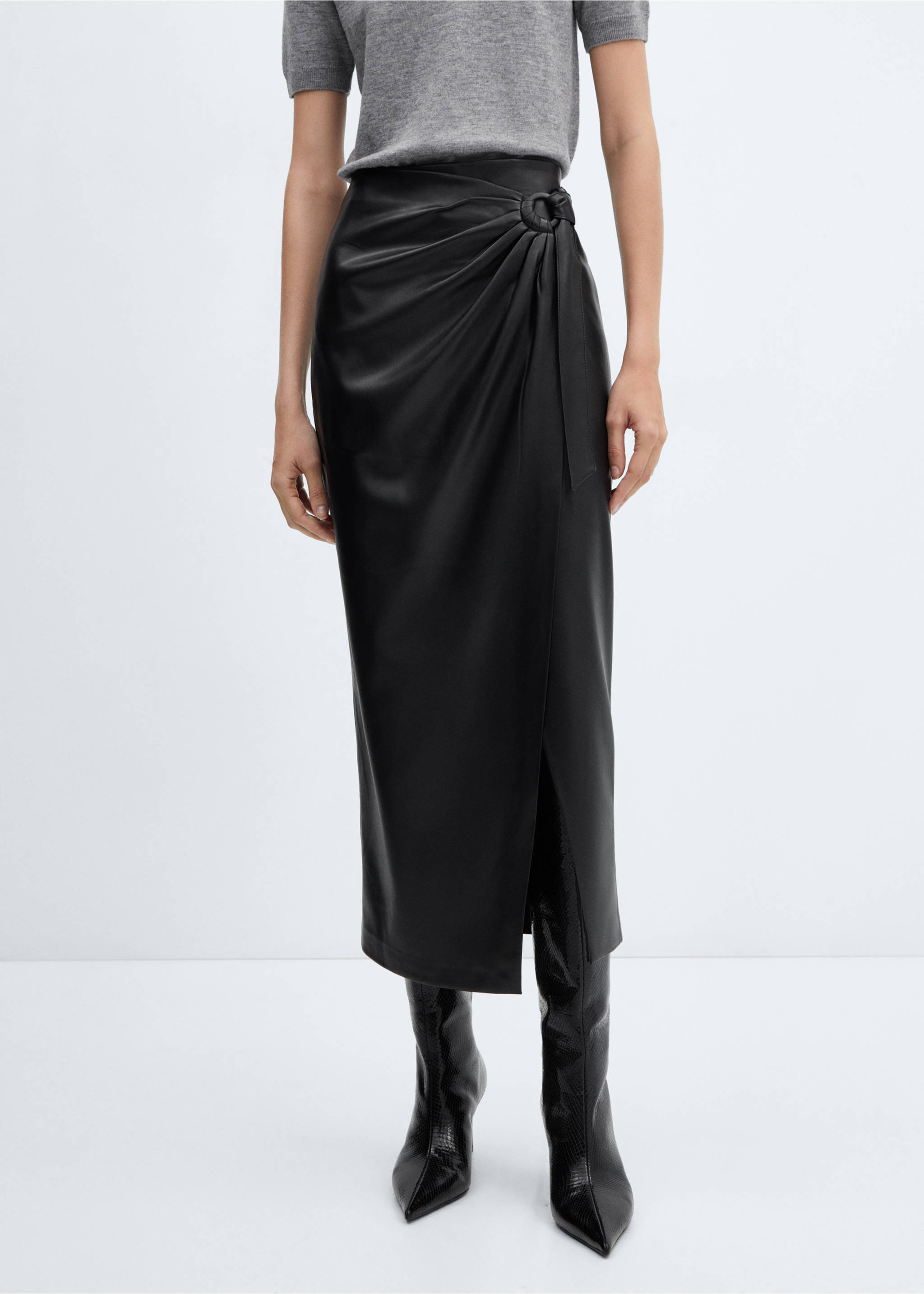 Falda midi drapeada efecto piel - Plano medio, Negro. Ref: 57035970-00.