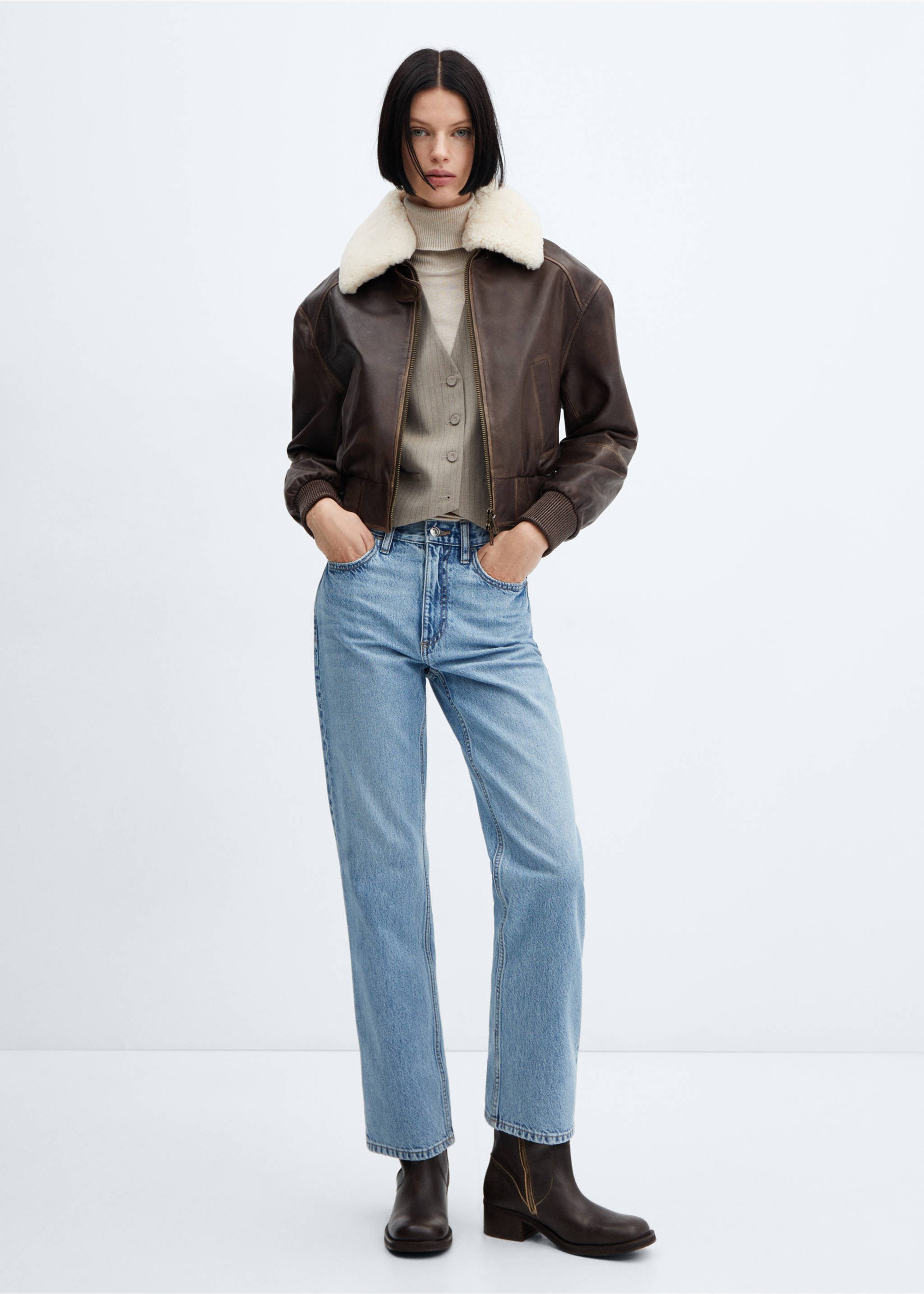 Leather bomber jacket with shearling collar - General plane, Brown. Ref: 57035986-00.
