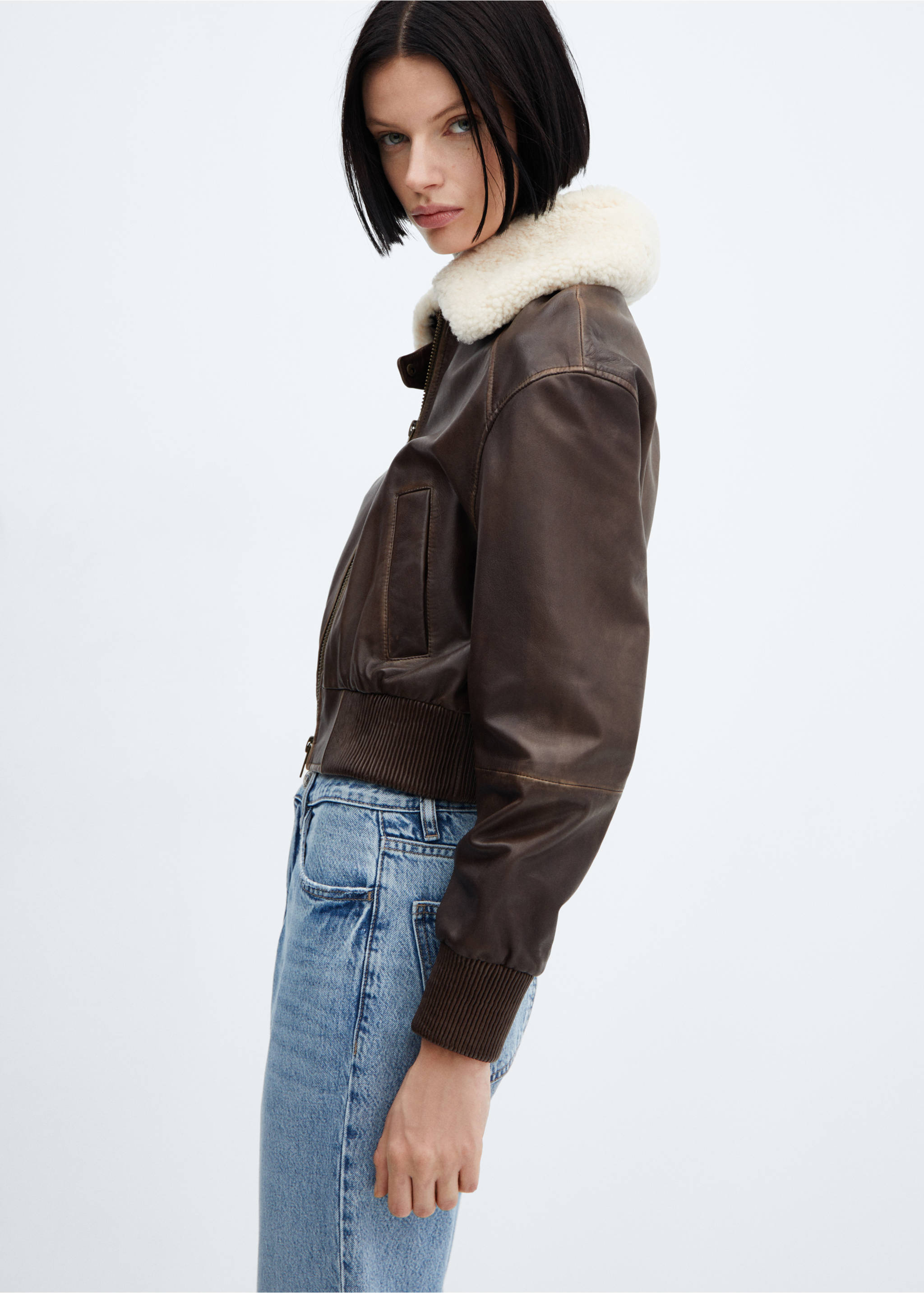 Leather bomber jacket with shearling collar - Medium plane, Brown. Ref: 57035986-00.