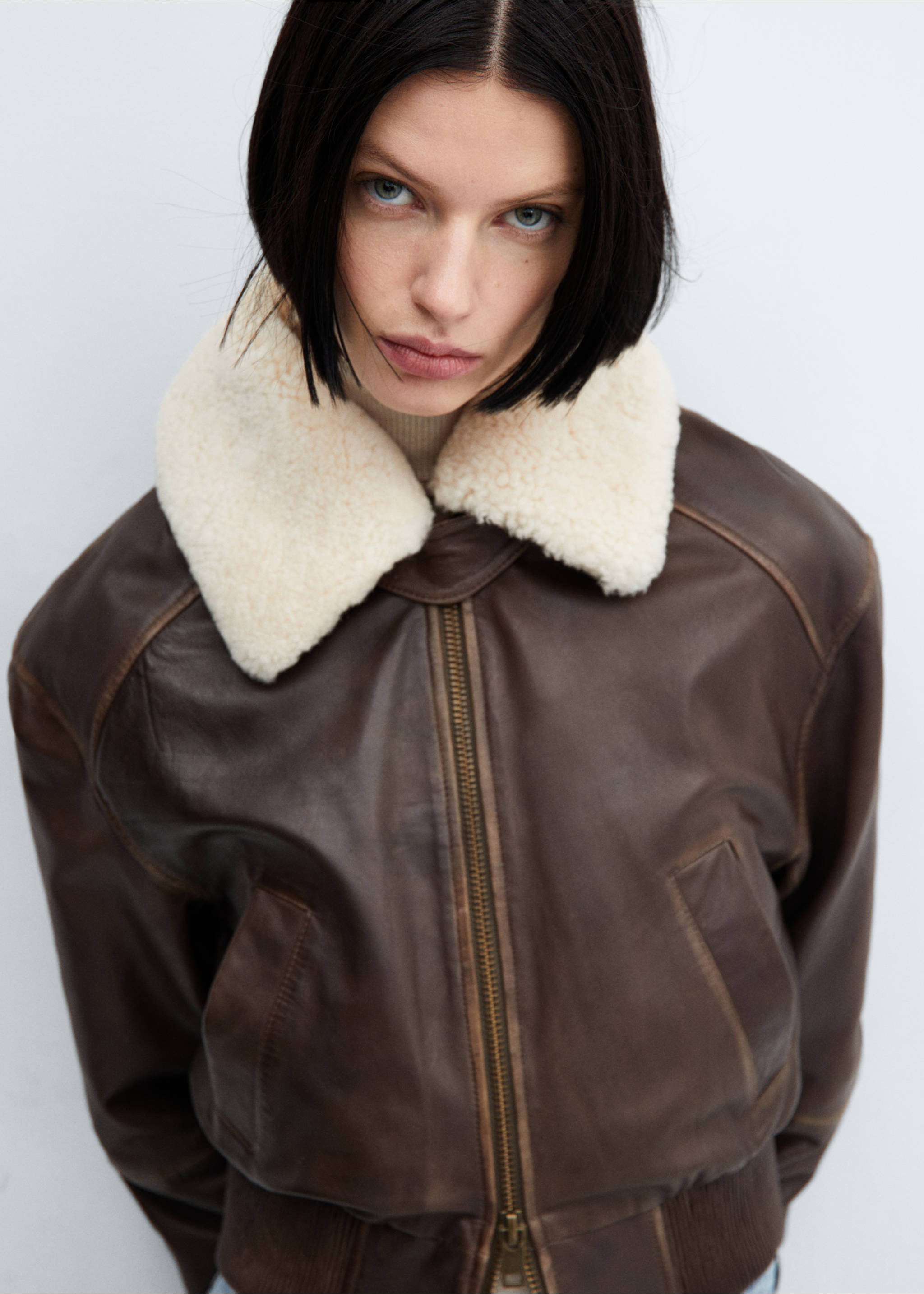 Leather bomber jacket with shearling collar - Details of the article 1, Brown. Ref: 57035986-00.