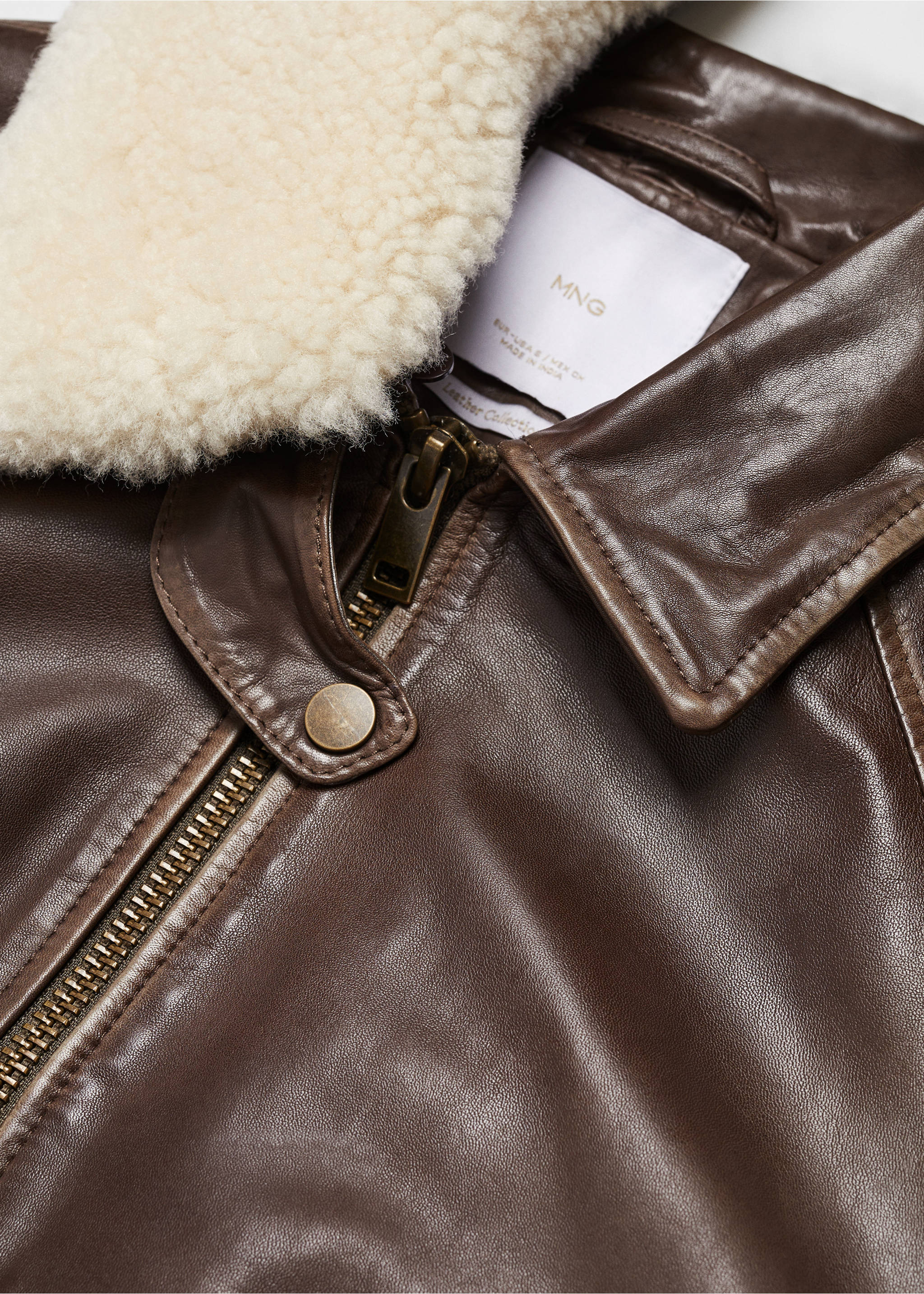 Leather bomber jacket with shearling collar - Details of the article 8, Brown. Ref: 57035986-00.