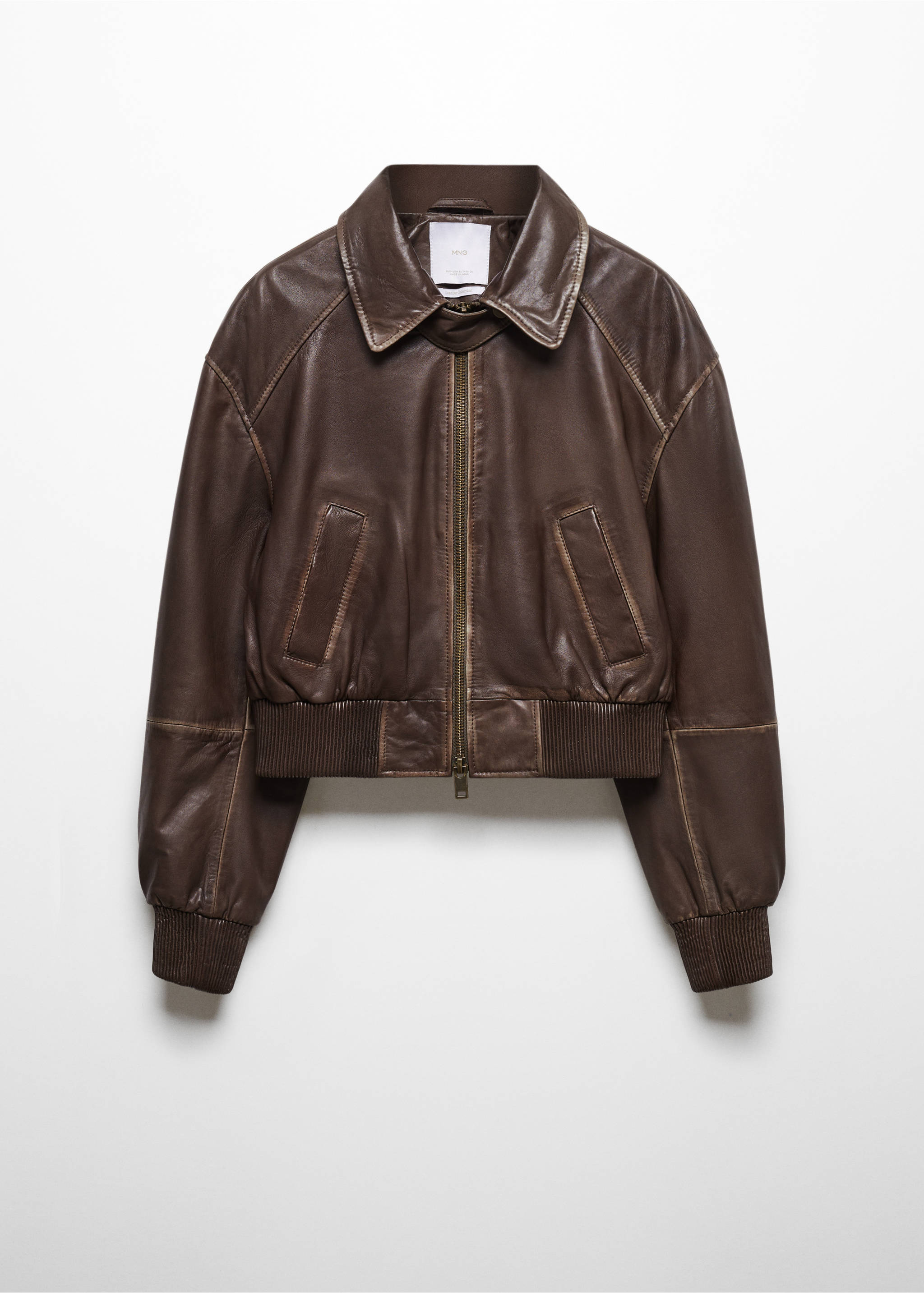 Leather bomber jacket with shearling collar - Details of the article 0, Brown. Ref: 57035986-00.