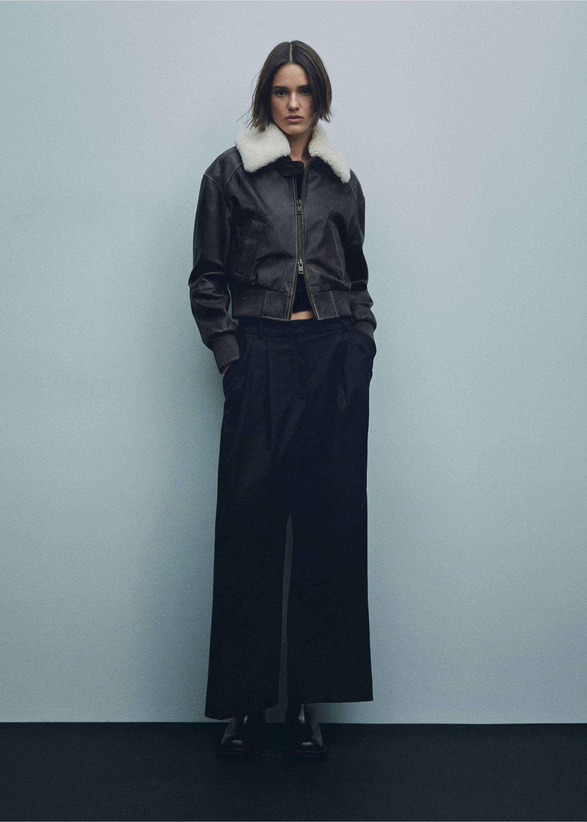 Leather bomber jacket with shearling collar - Details of the article 5, Brown. Ref: 57035986-00.