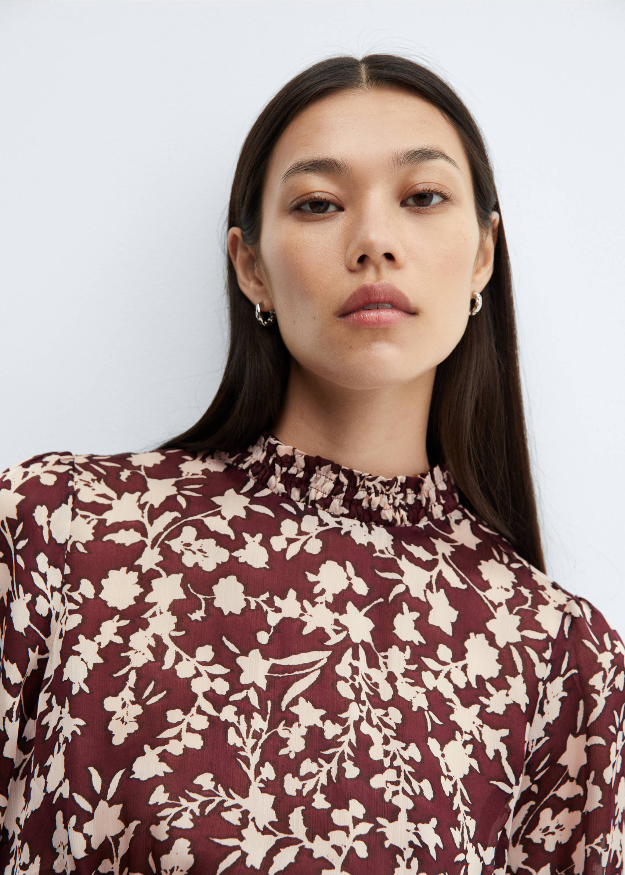 Flowy flower printed dress - Details of the article 1, Maroon. Ref: 57037729-00.
