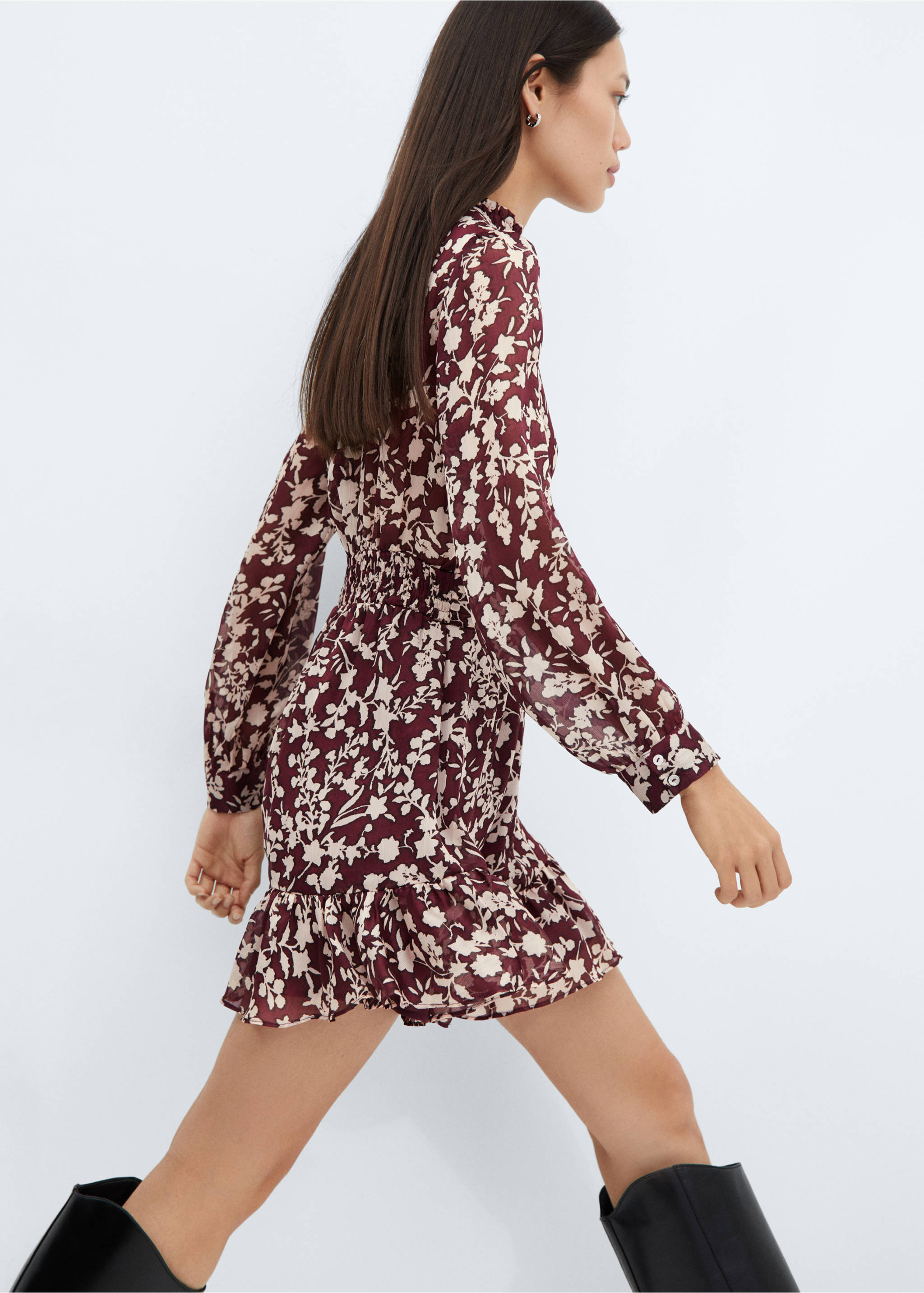 Flowy flower printed dress - Details of the article 3, Maroon. Ref: 57037729-00.