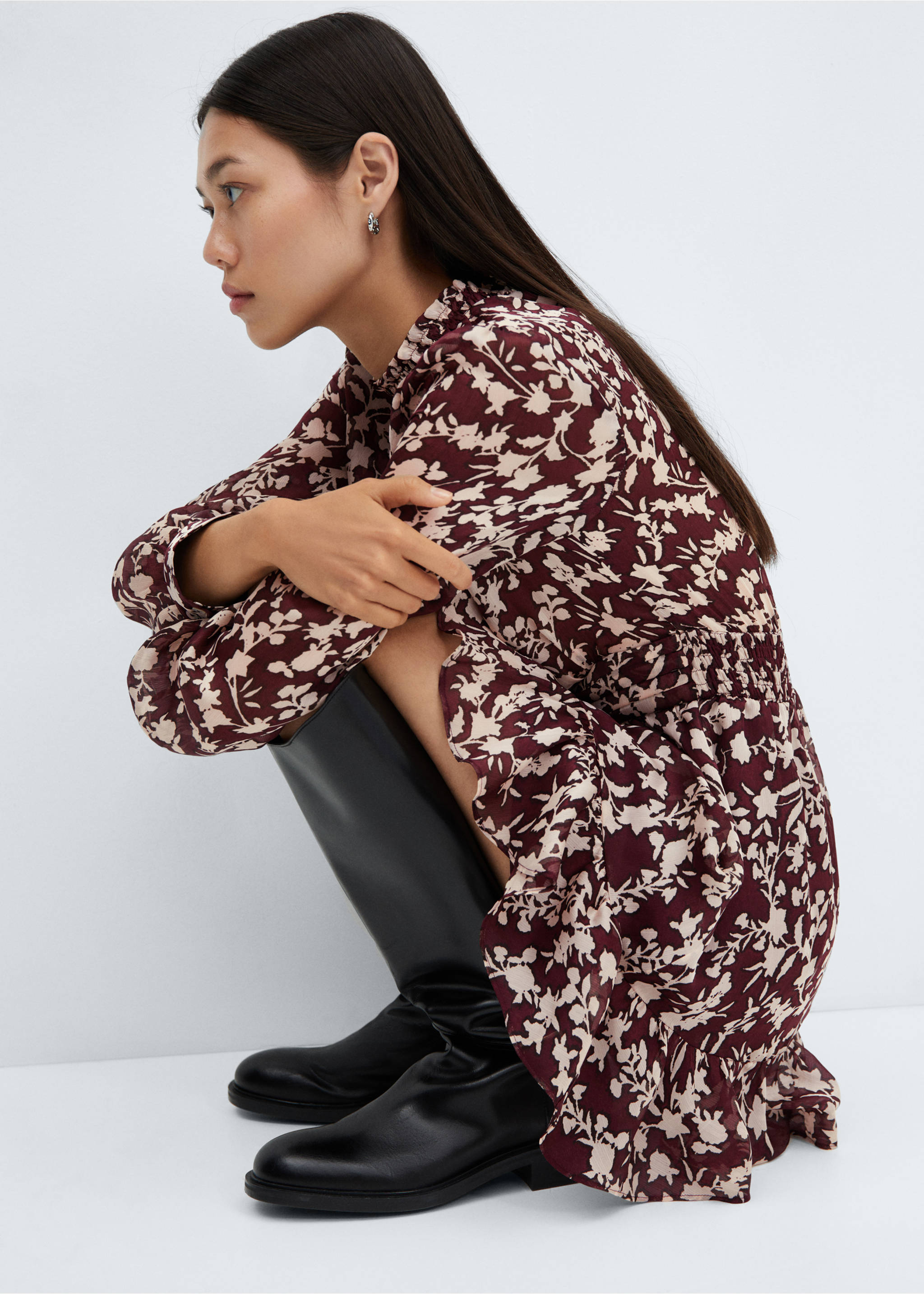 Flowy flower printed dress - Details of the article 2, Maroon. Ref: 57037729-00.