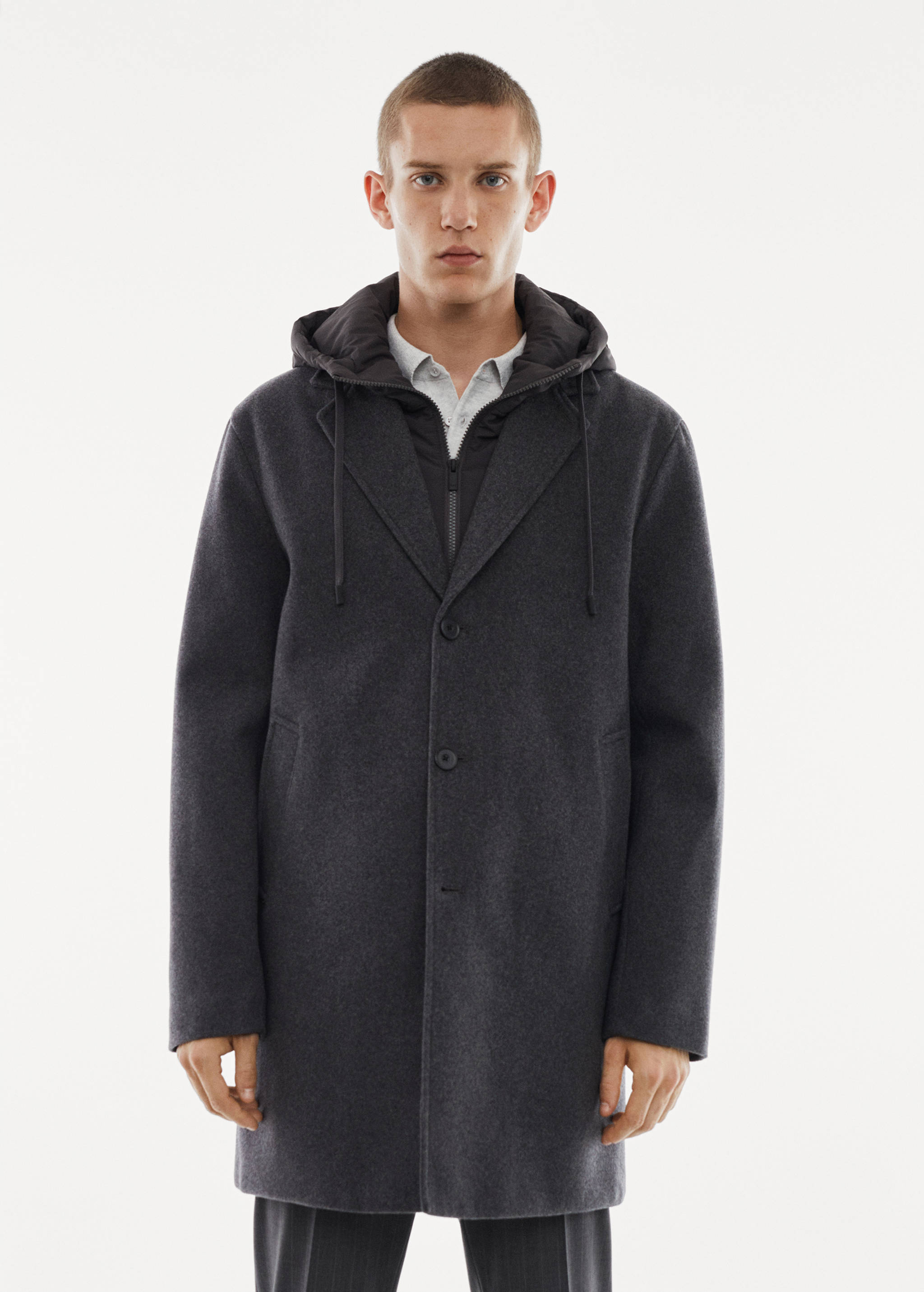 Detachable hood wool coat - Medium plane