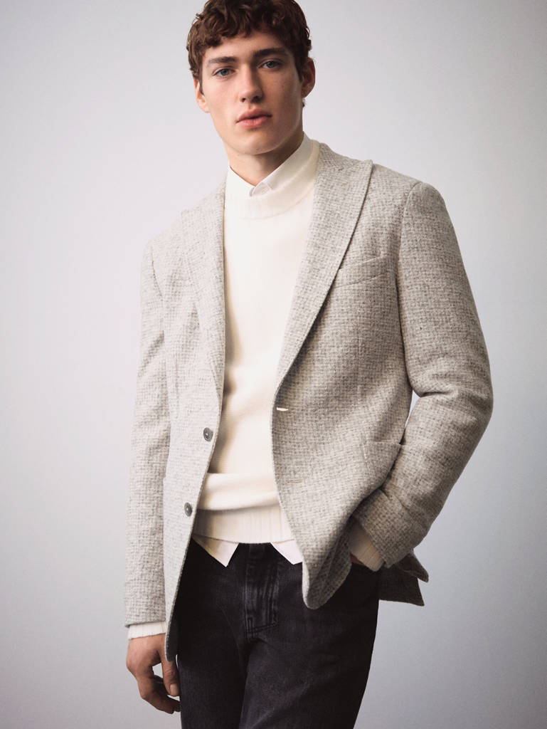 Virgin wool jacket in houndstooth wool — Beige