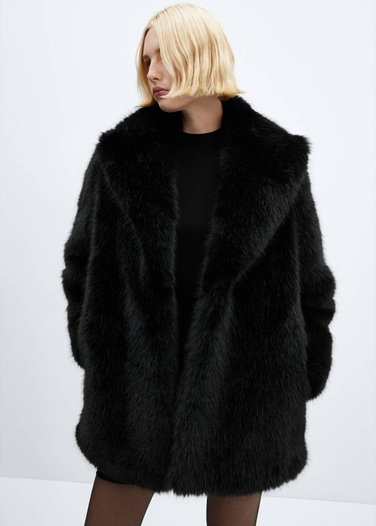 Coat with fur-effect lapels