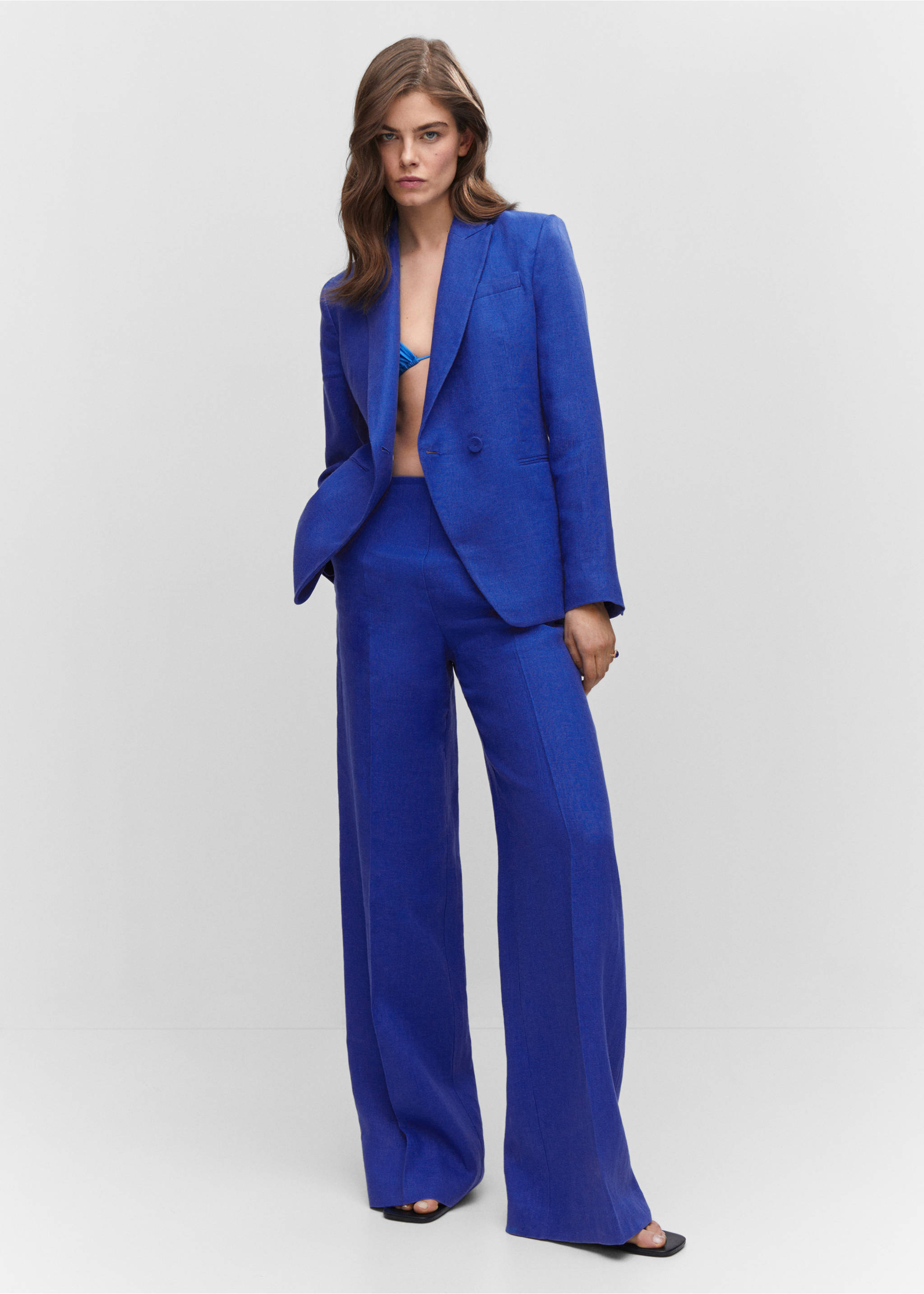 100% linen wide leg trousers - General plane, Blue. Ref: 57040153-00.