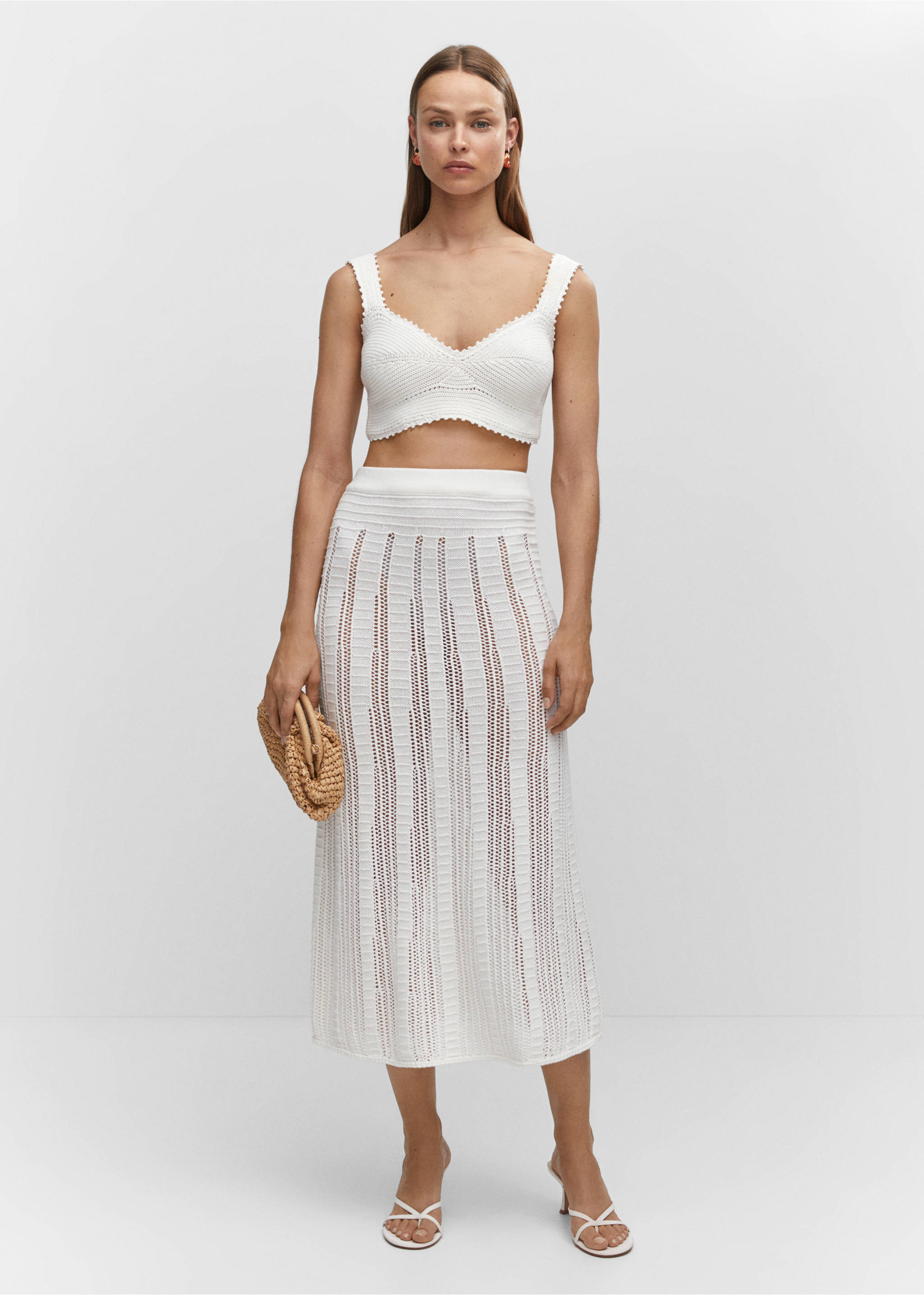 Knitted skirt with openwork details - General plane, White. Ref: 57040256-00.