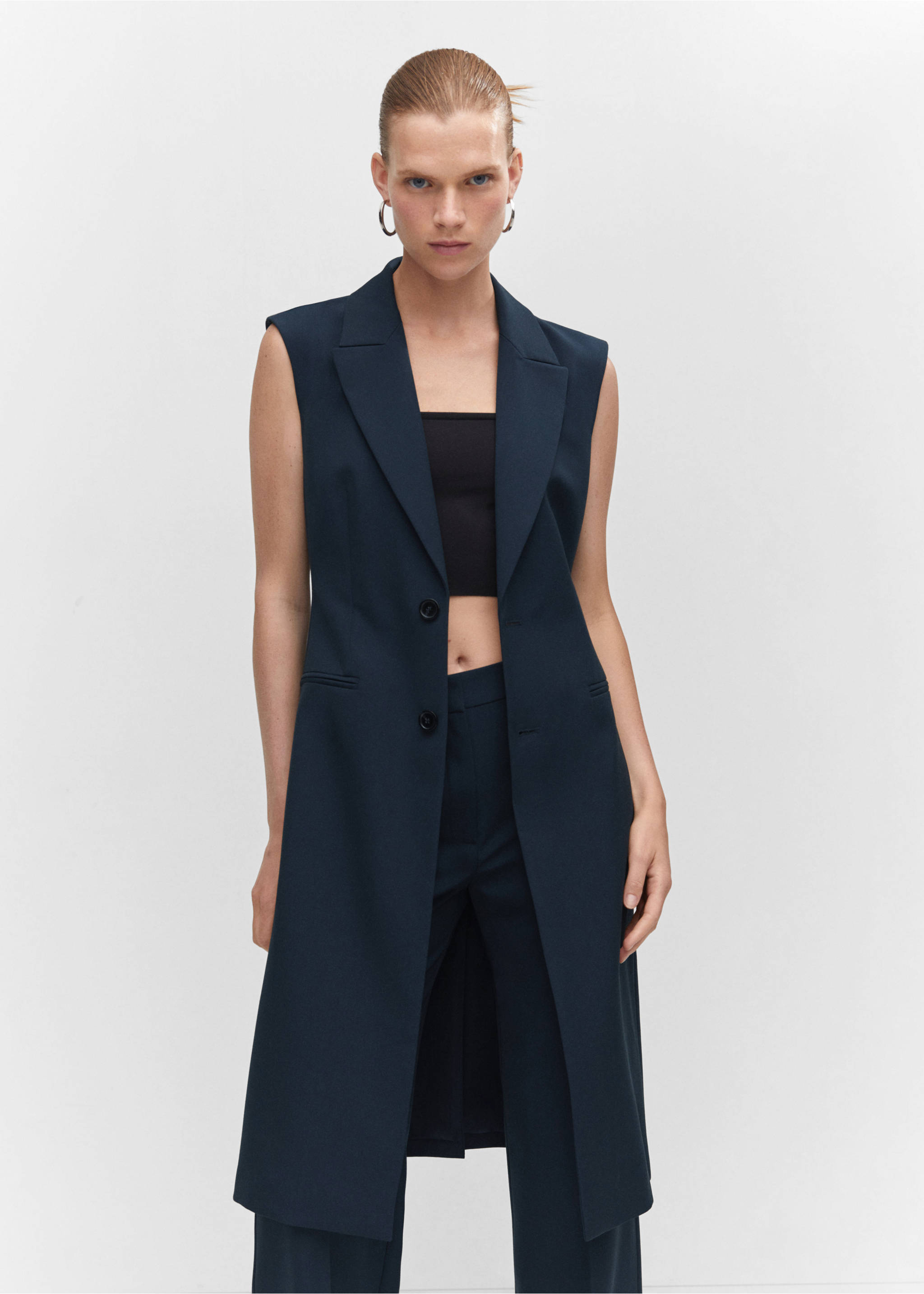 Long gilet with bow - Medium plane, Navy. Ref: 57040813-00.