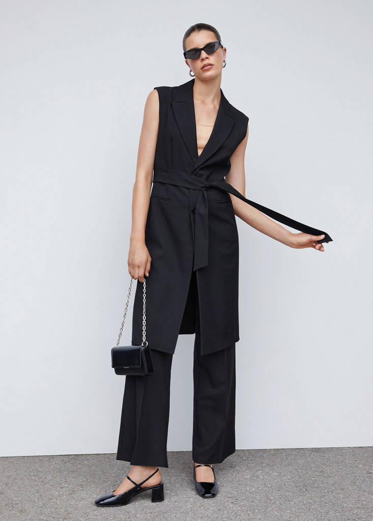 Long gilet with bow — Black