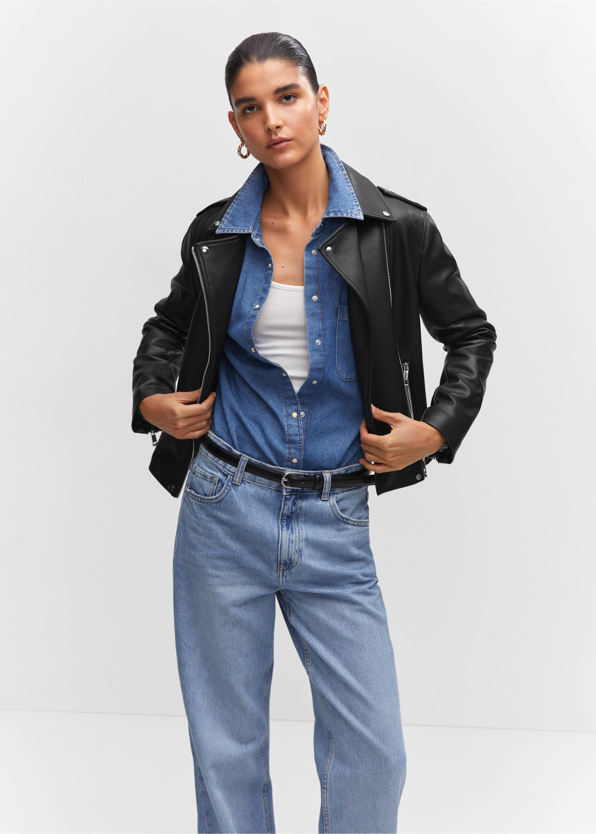 Faux-leather biker jacket - Medium plane, Black. Ref: 57043798-00.