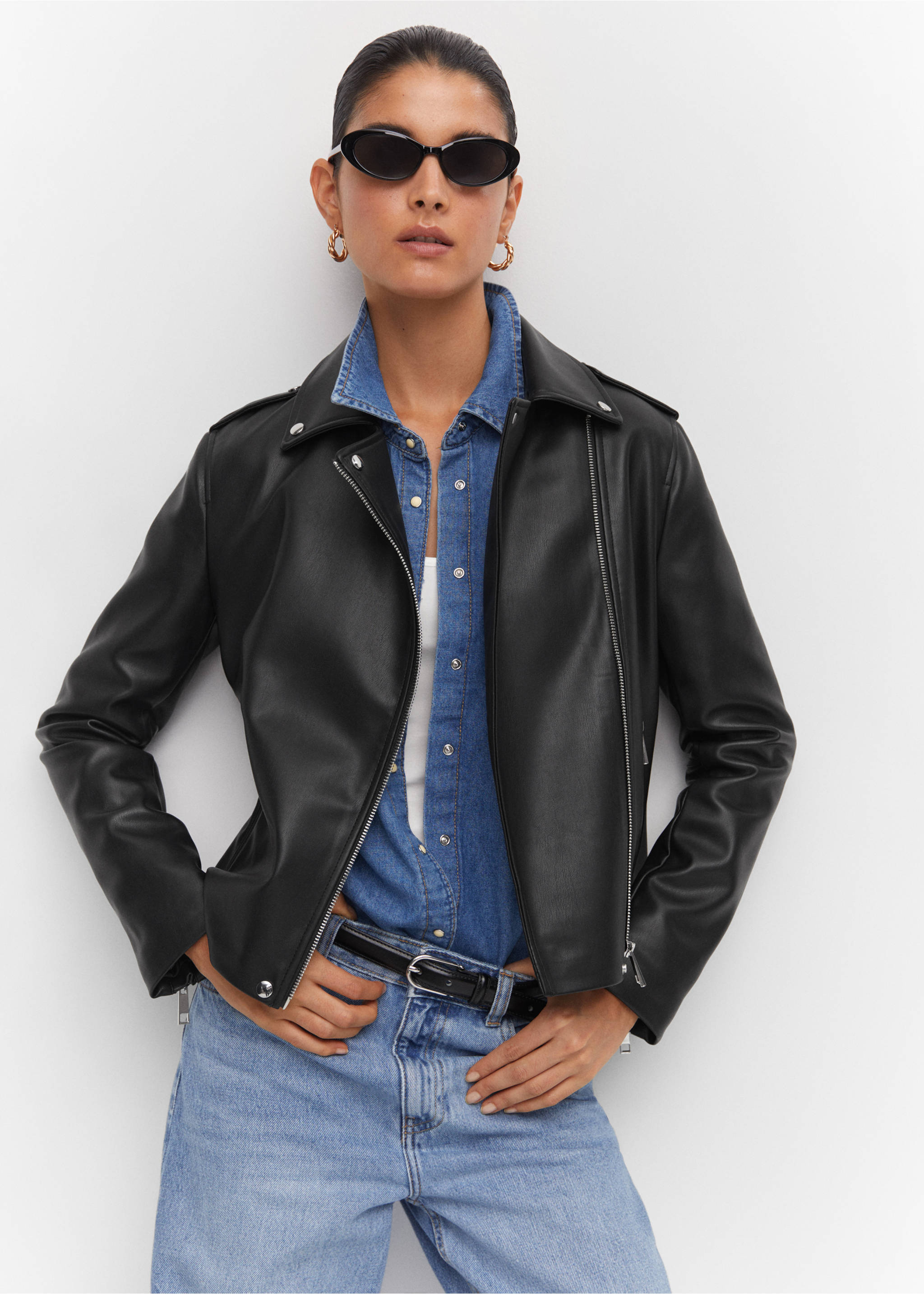 Faux-leather biker jacket - Details of the article 2, Black. Ref: 57043798-00.