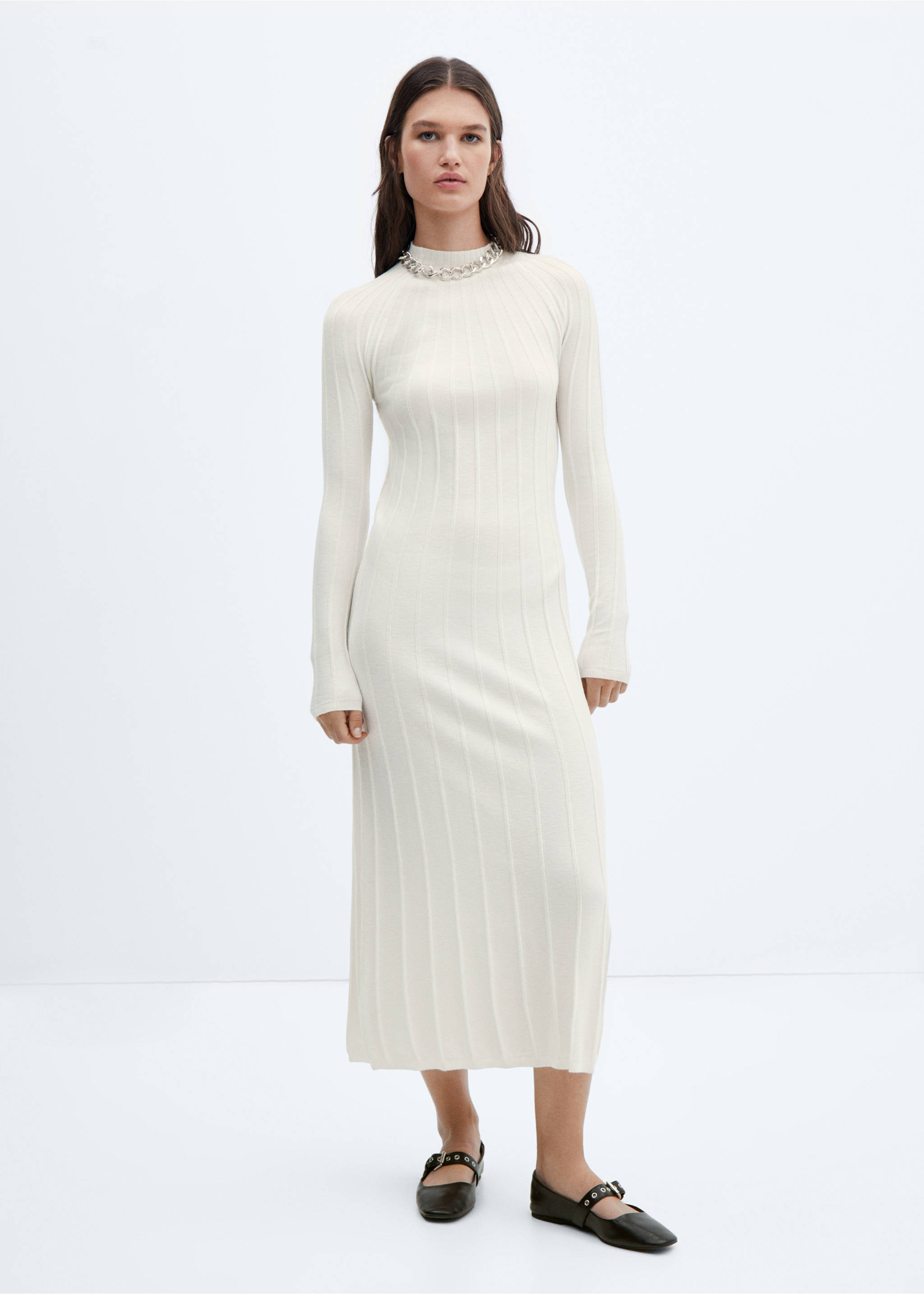 Perkins-neck ribbed dress - General plane, Ecru. Ref: 57045794-00.