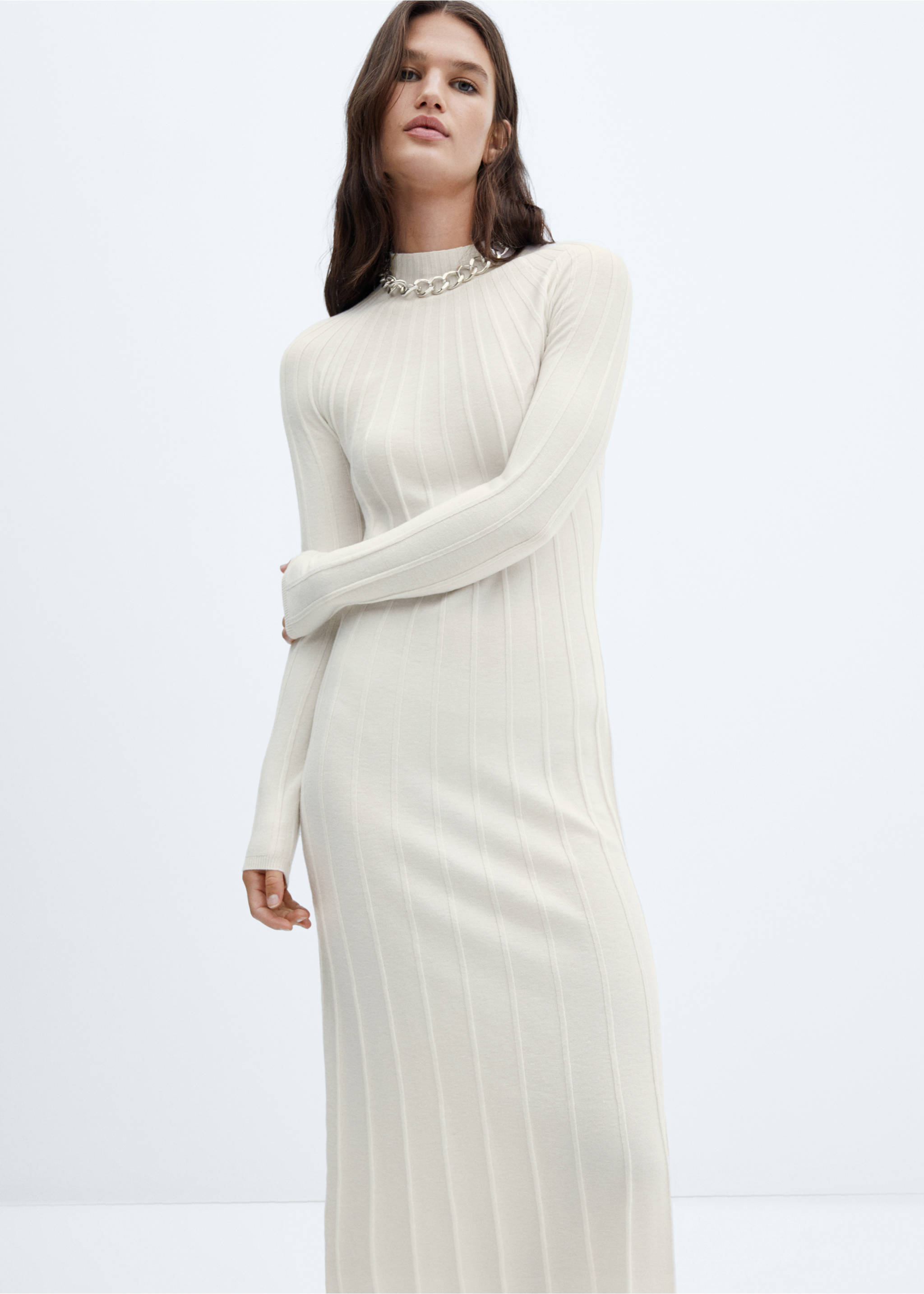 Perkins-neck ribbed dress - Medium plane, Ecru. Ref: 57045794-00.