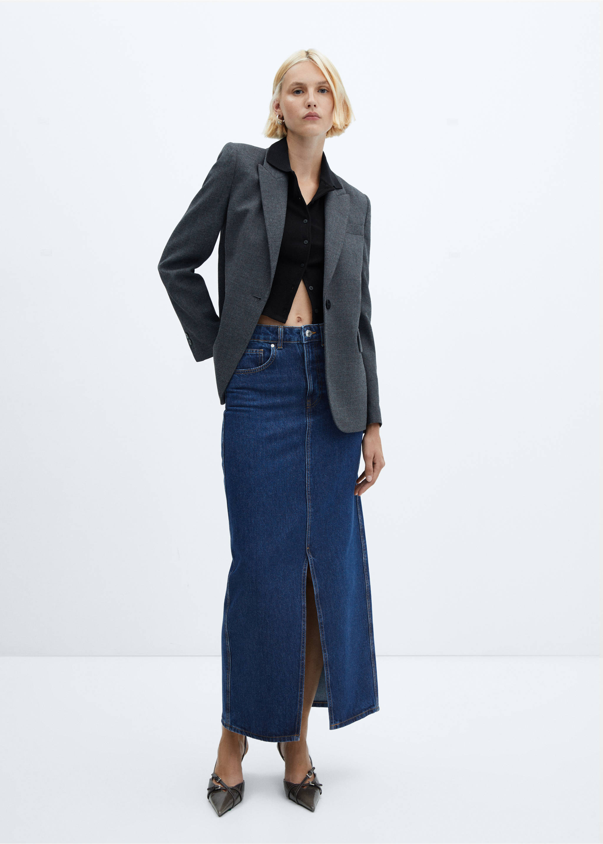 Slit denim skirt - General plane, Dark Blue. Ref: 57045971-00.