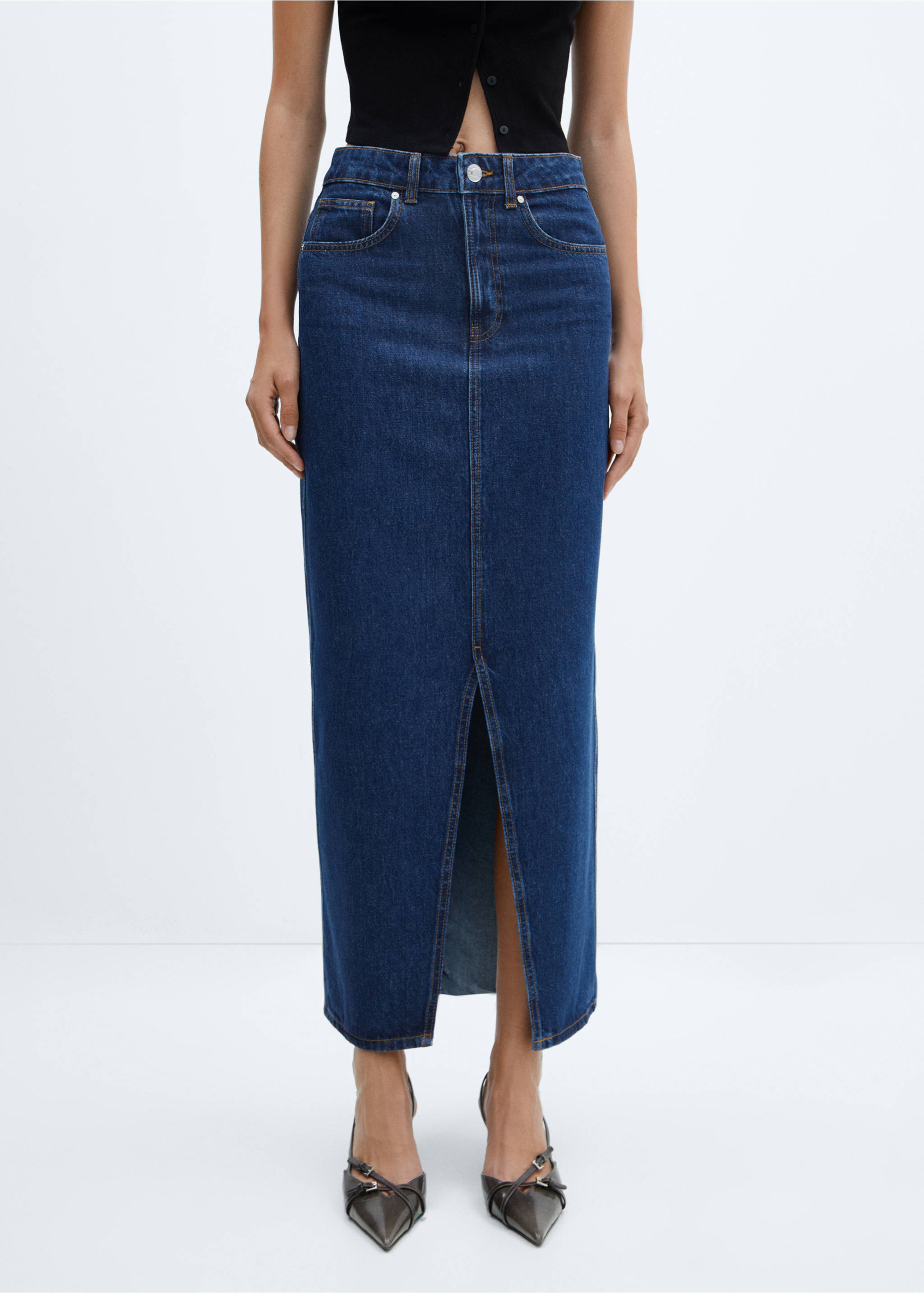 Slit denim skirt - Medium plane, Dark Blue. Ref: 57045971-00.