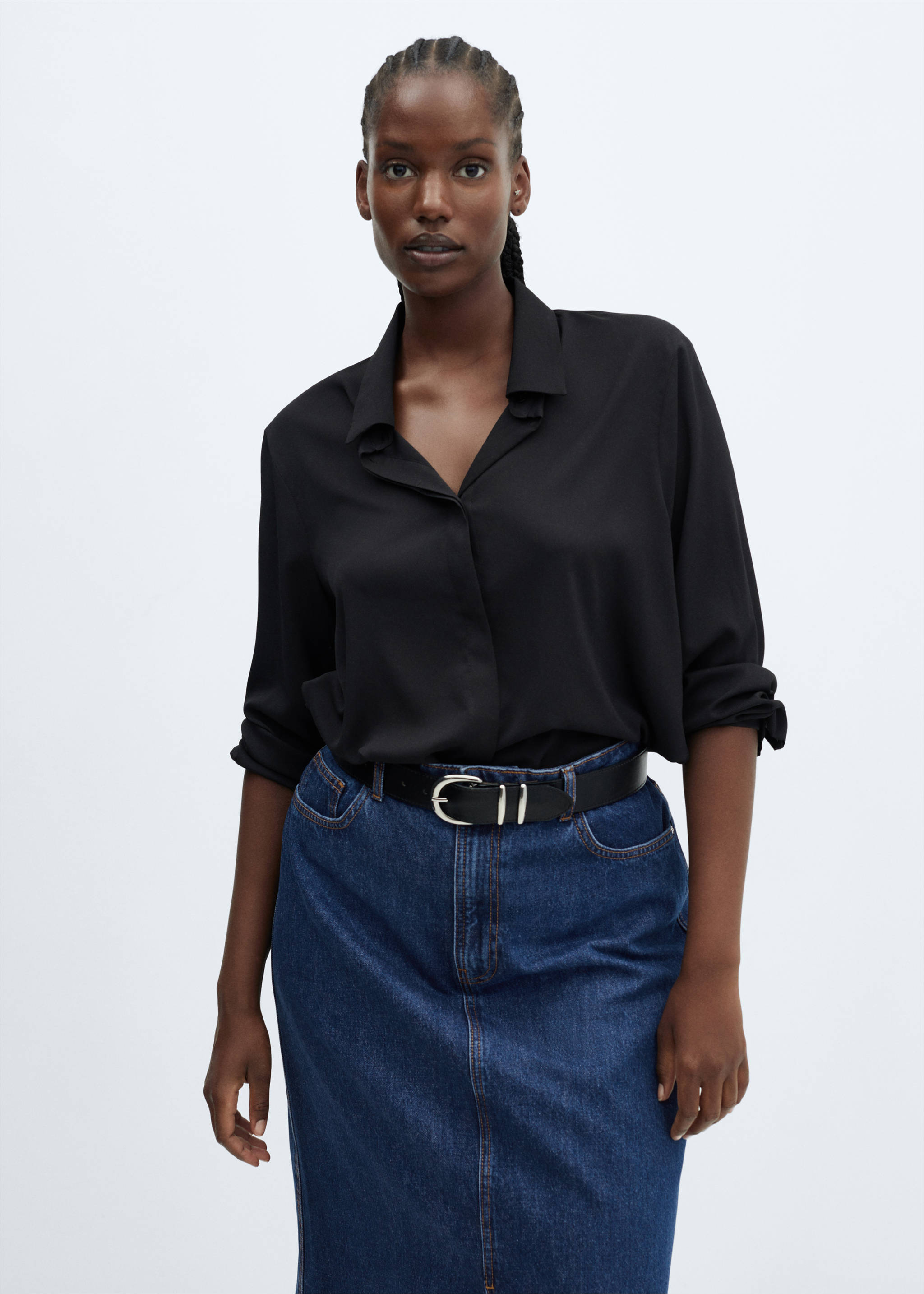 Slit denim skirt - Details of the article 5, Dark Blue. Ref: 57045971-00.
