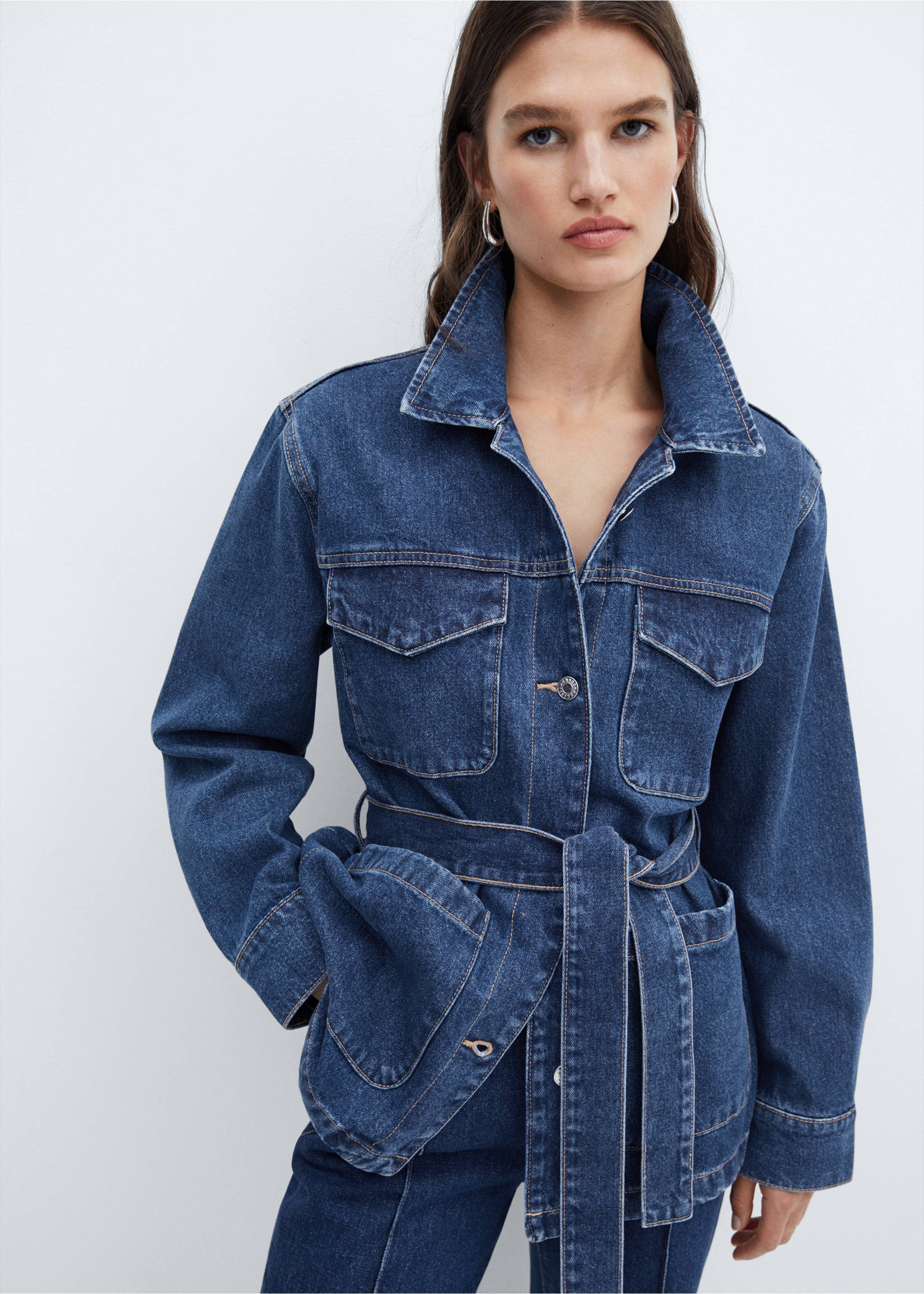 Denim jacket with belt - Medium plane, Dark Blue. Ref: 57045979-00.