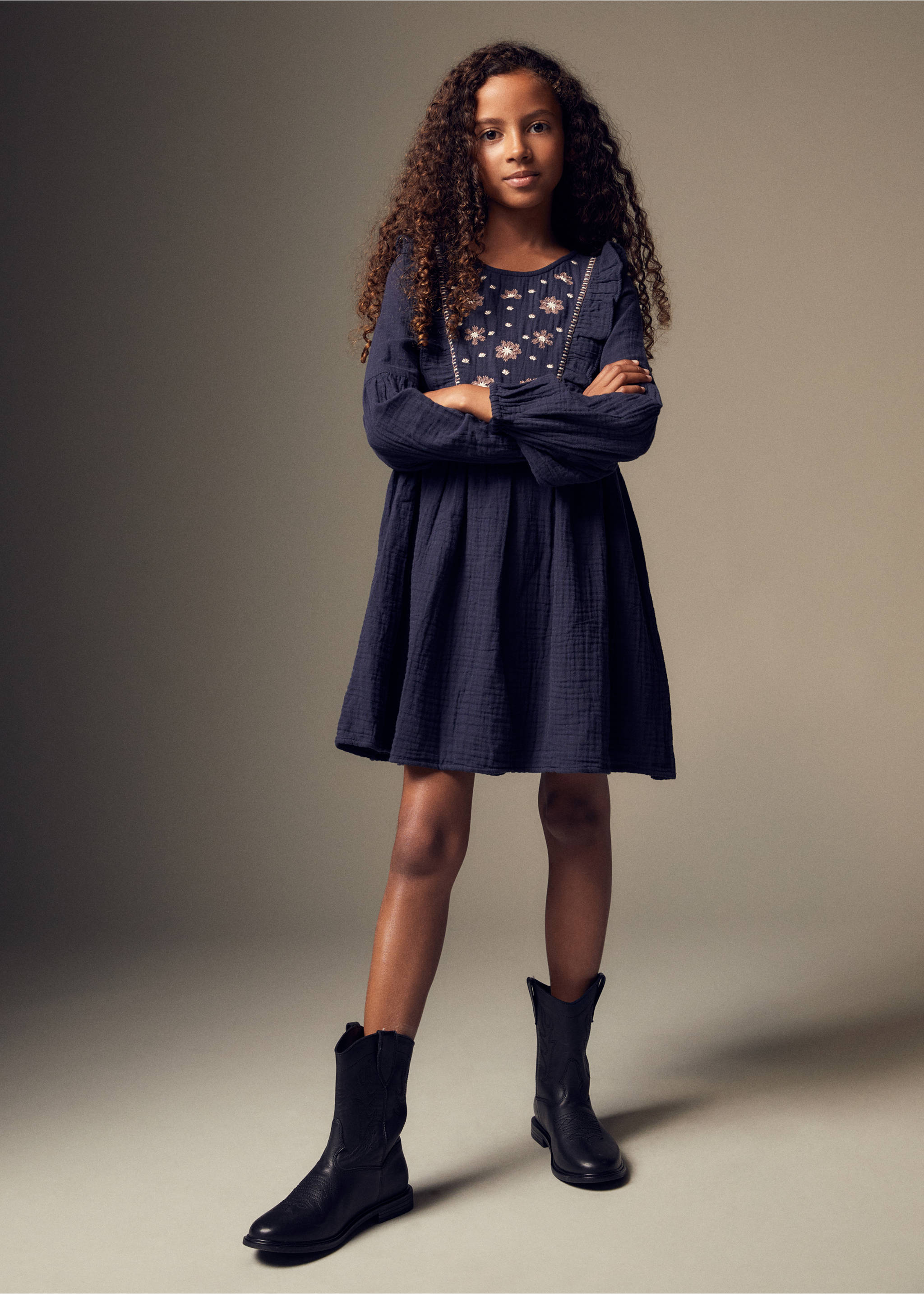 Flowers cotton dress - Details of the article 5, Navy. Ref: 57045990-00.