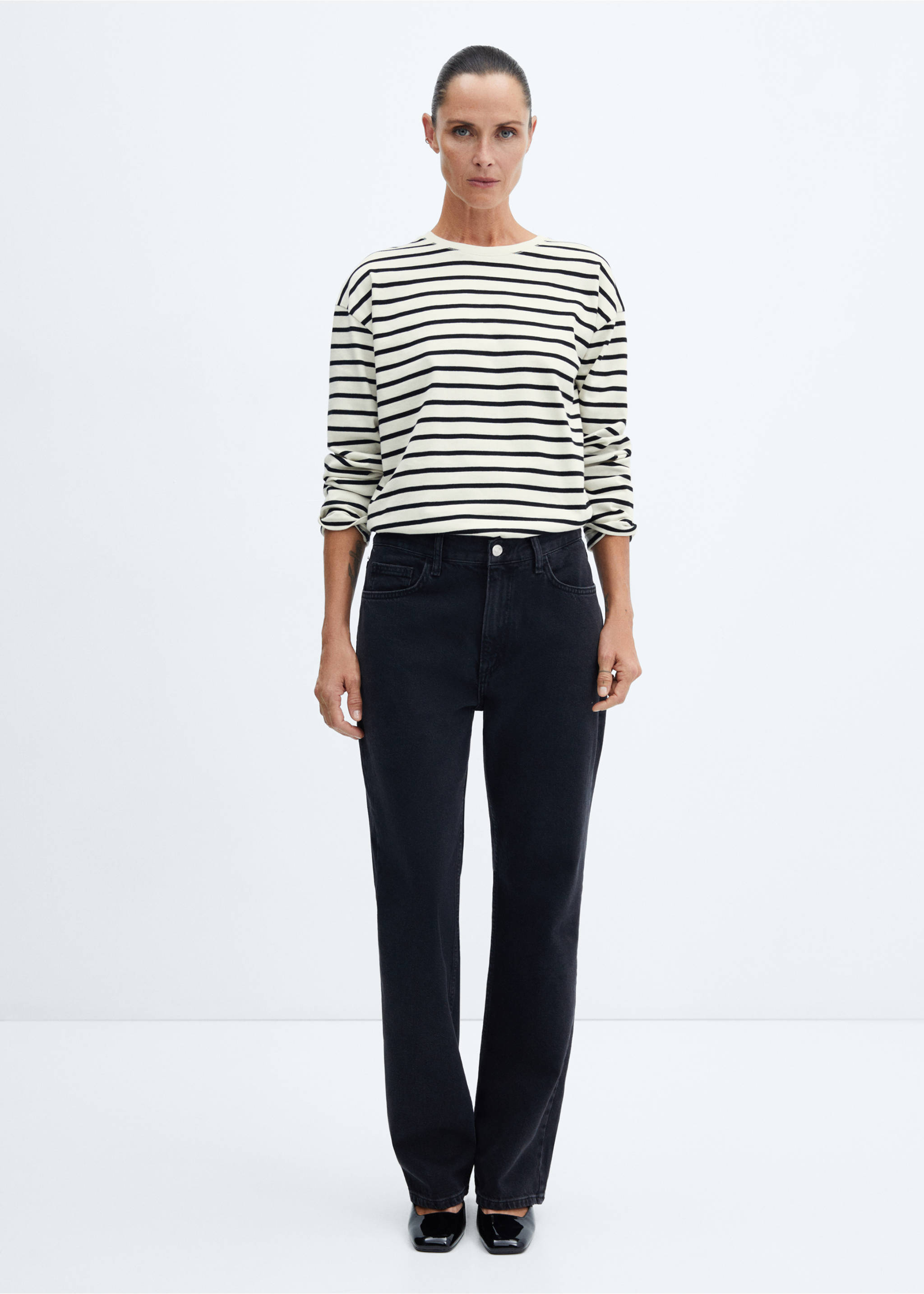 Striped round-neck sweatshirt - General plane, Black. Ref: 57046021-00.