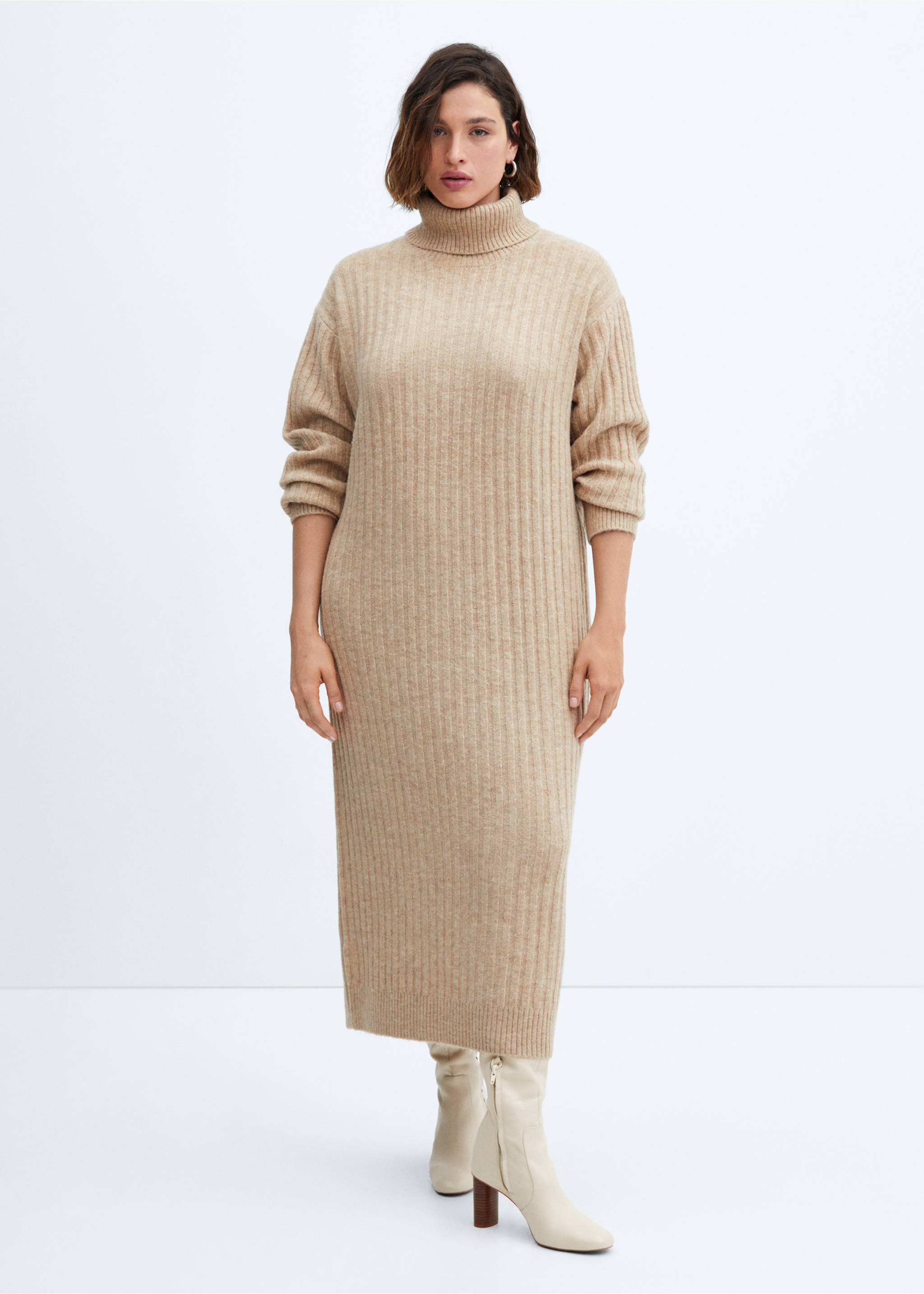 Ribbed turtleneck dress - Details of the article 3, Light/Pastel Grey. Ref: 57047725-00.